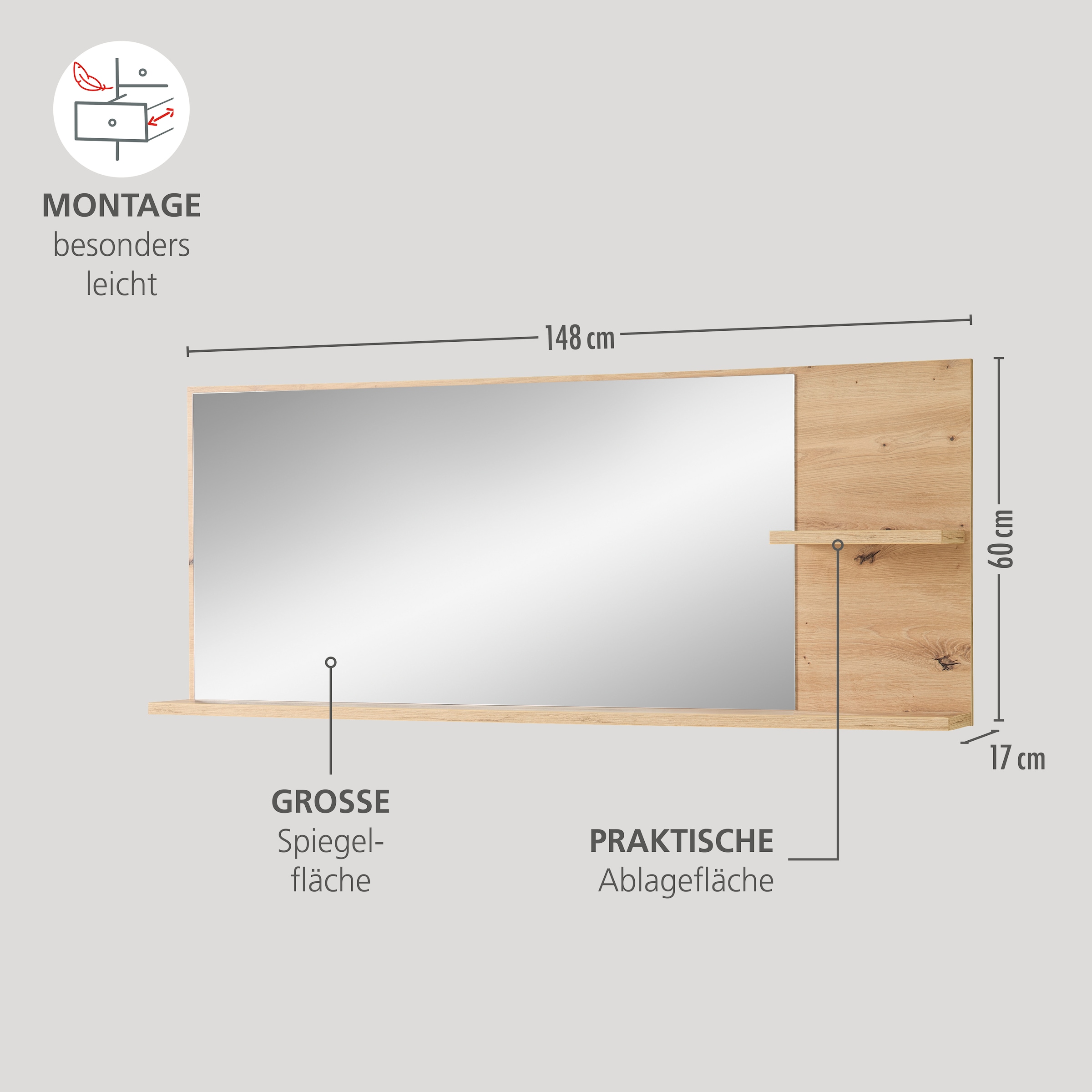 Innostyle Miroir de vestiaire »BARI Wandspiegel« surface miroir 148 x 60 cm, 2 étagères