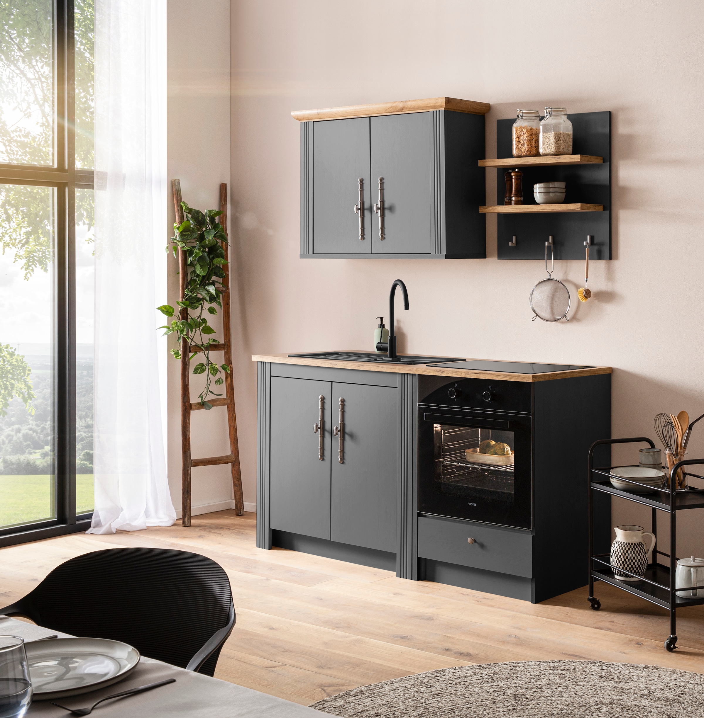 GOODproduct Küchenzeile »KS-Westminster, Pantryküche im Landhaus Stil, hochwertige Metallgriffe« Set,  Breite 164 cm, Kommode, Wandpaneel, Hängeschrank und Herdumbau