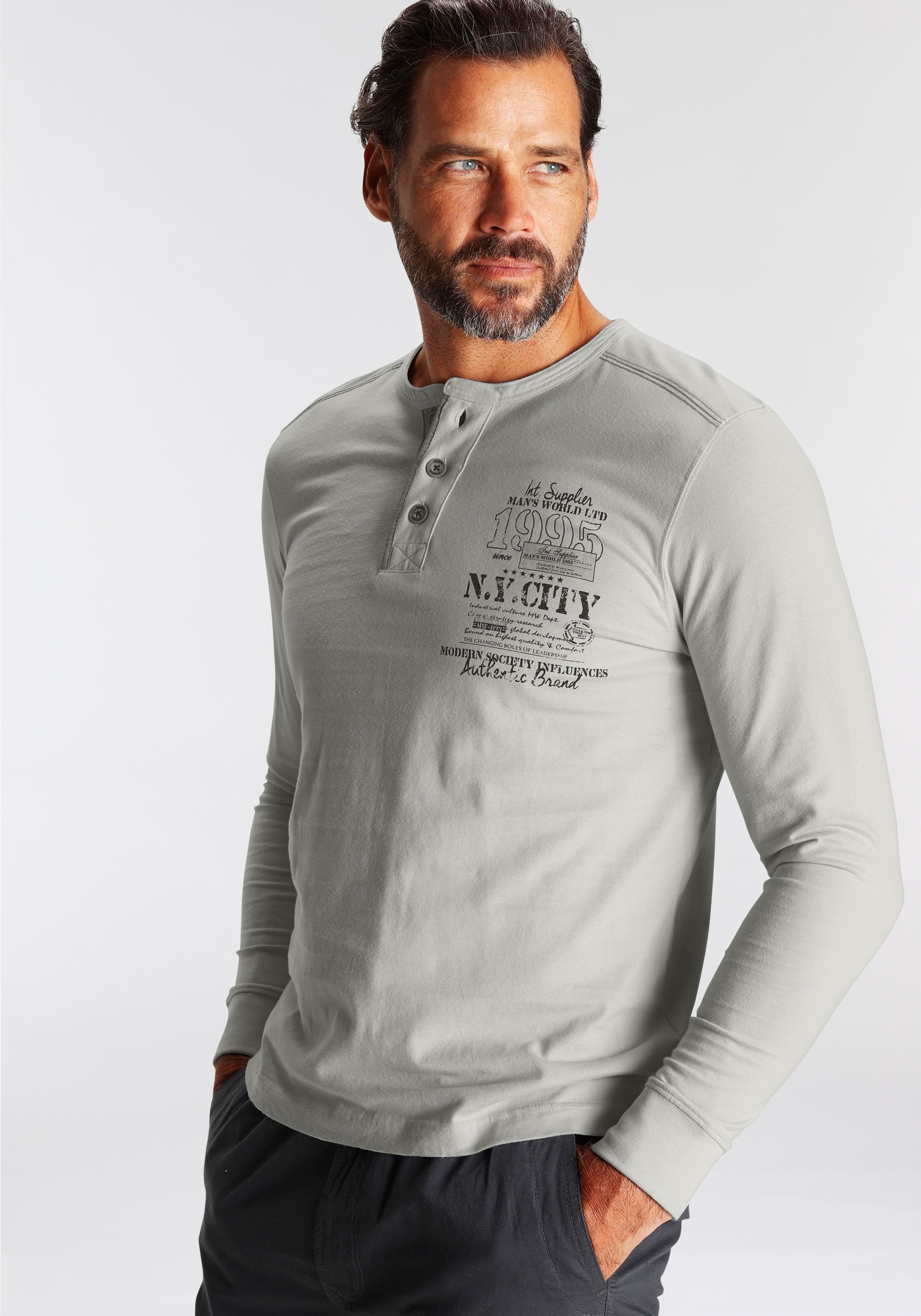 Image of Mans World Henleyshirt Langarm, mit lässigem Print, Rundhalsausschnitt mit Knopfleiste
