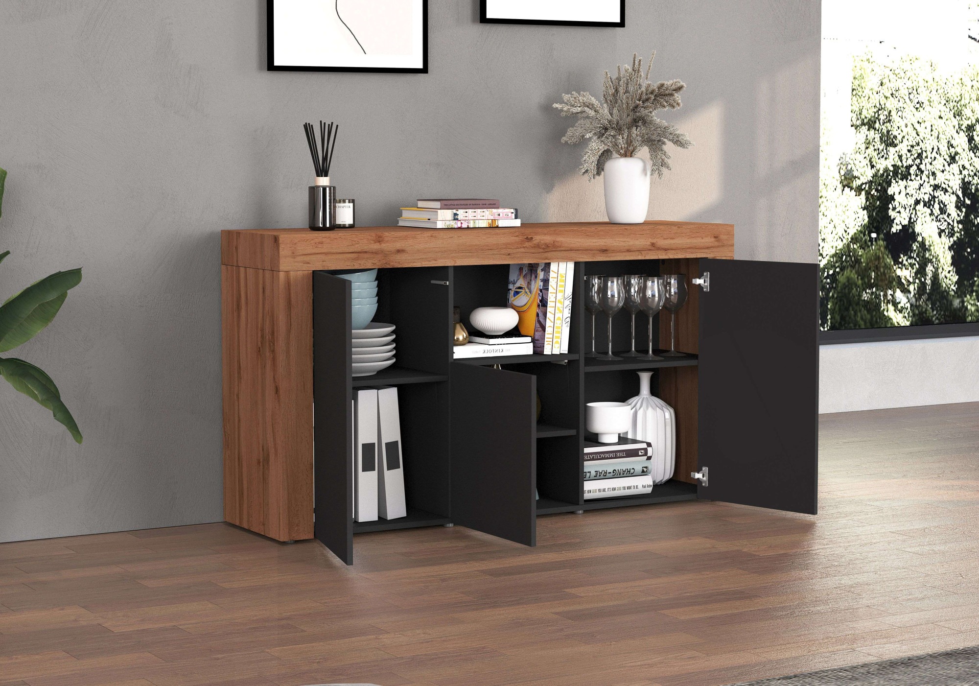 INOSIGN Sideboard »CHRONOS Breite 155 cm mit 3 Türen, 1 offenes und 6 geschlossene Fächer«, (1 St.), Sideboard,Kommode, Schrank, Grifflos mit Push to Open, Made in Italy