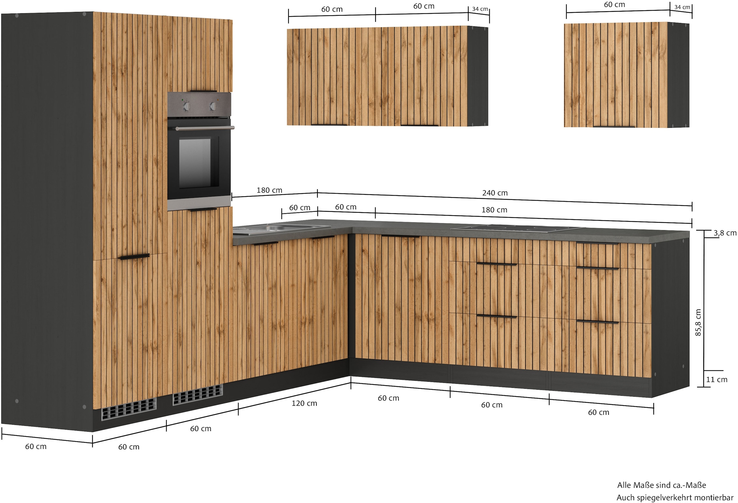 KOCHSTATION Cuisine d'angle »KS-Lagos, Stellbreite 300/240 cm« au choix avec appareils électriques, évier inox ou noir