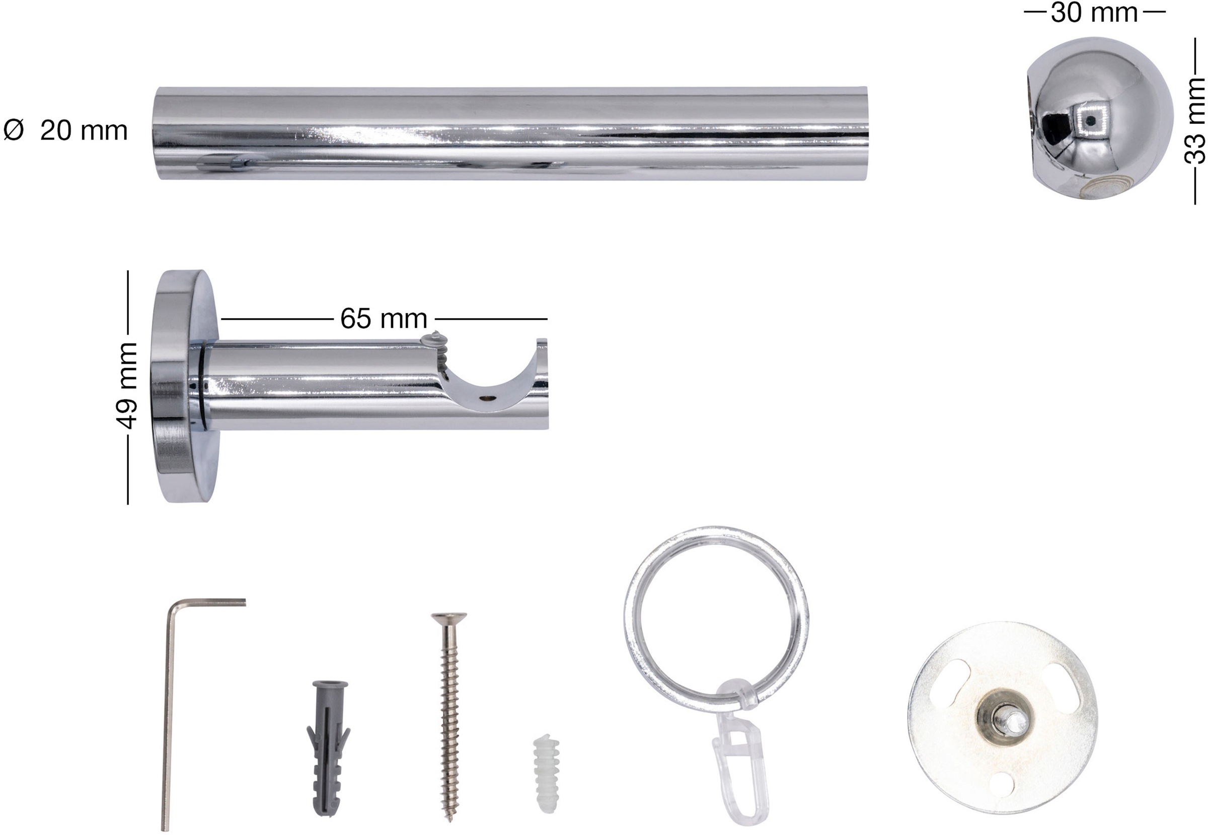 mydeco Gardinenstange »20mm Ball Wandträger 6,5 cm«, 1 läufig-läufig, Fixmass