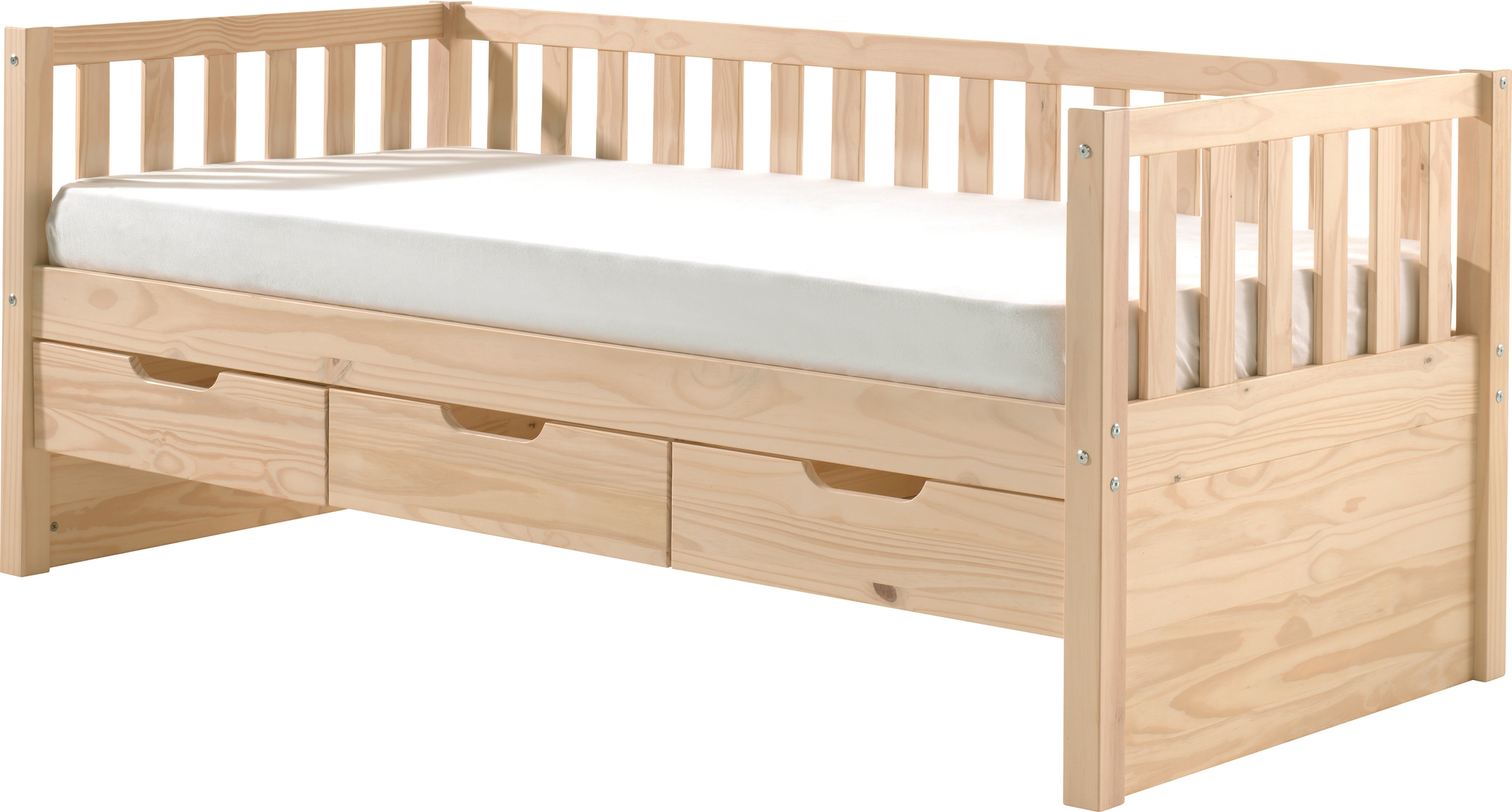 Vipack Einzelbett »mit Schubladen, Kiefer massiv, viel Stauraum und zeitloses Design« B/H/T ca. 211,2x85,5x97,8cm, Ausf. Milky Pine oder Weiss,  inkl. Rolllattenrost, mit oder ohne Bettschublade