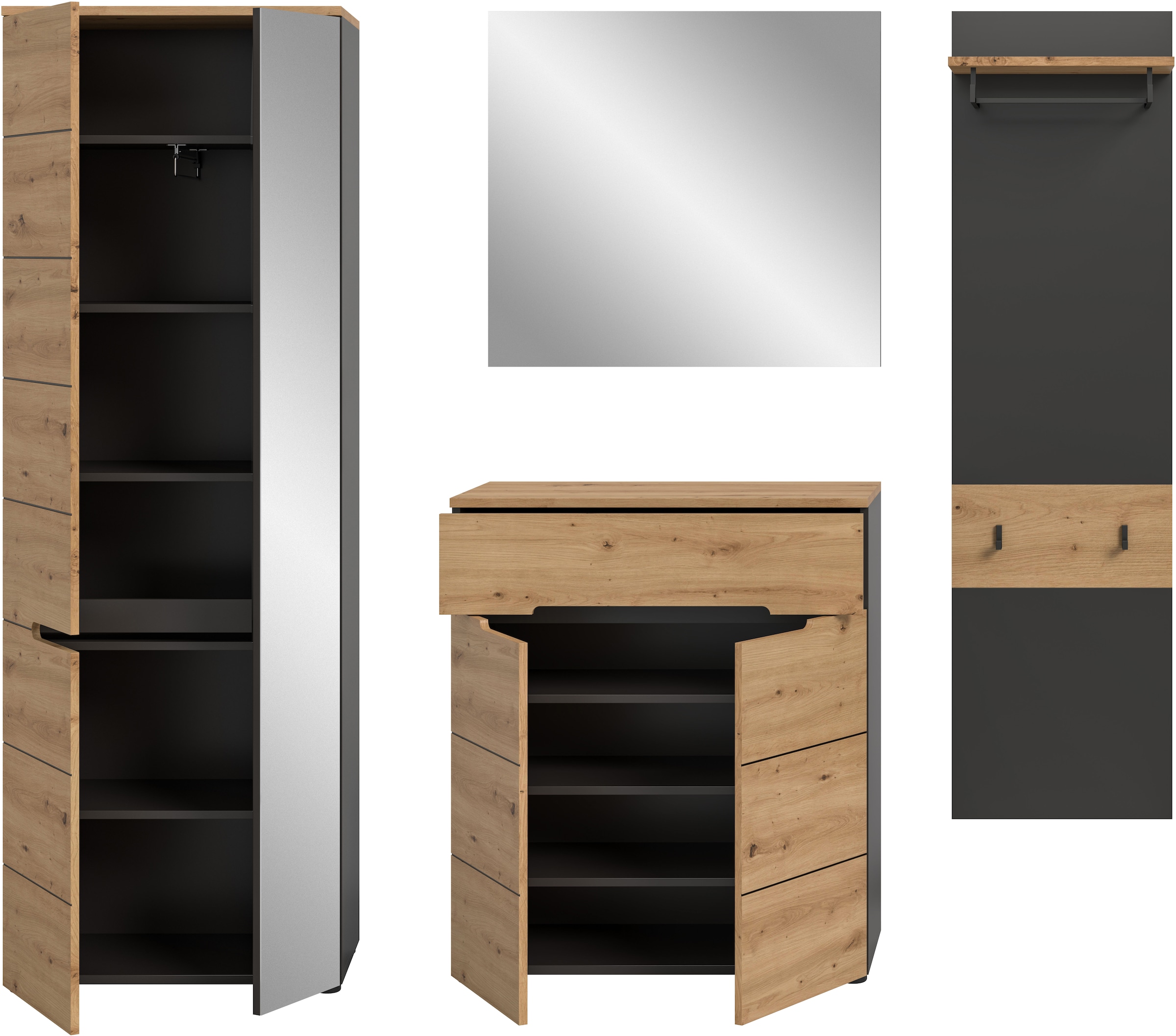 INOSIGN Garderoben-Set »REHAT, TOPSELLER!, 4-teilig, Breite 220 cm, individuell erweiterbar« Set, bestehend aus: Garderobenschrank, Kommode, Spiegel & Garderobenpaneel, 4 Stk. tlg.