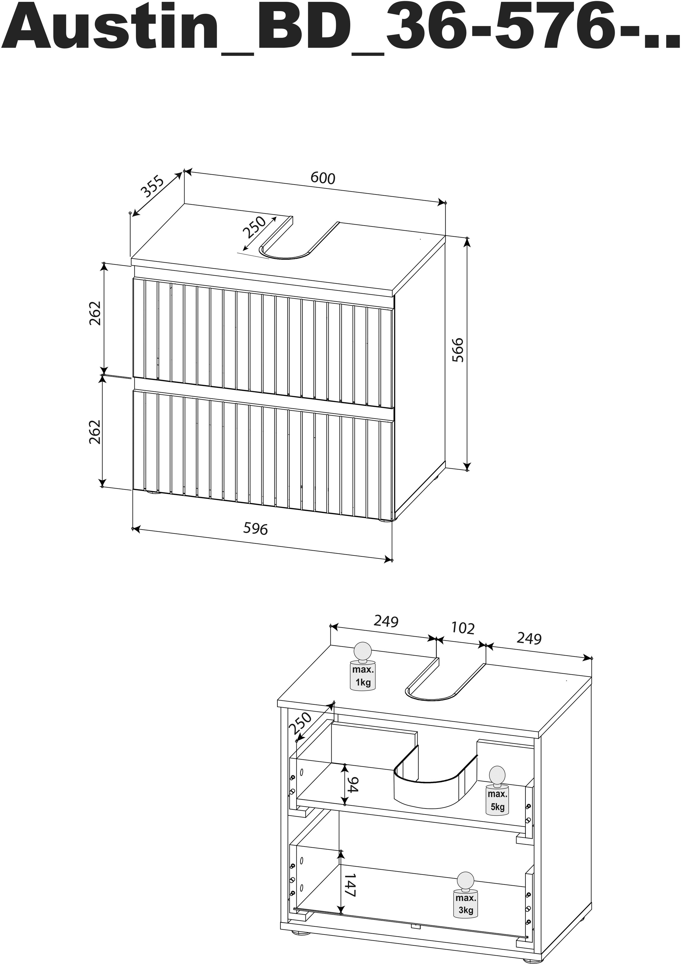 BASIC by Balculina Armoire sous lavabo »Austin« 1 cuis tlg. Largeur 60 cm, 2 tiroirs avec sortie sous-meuble