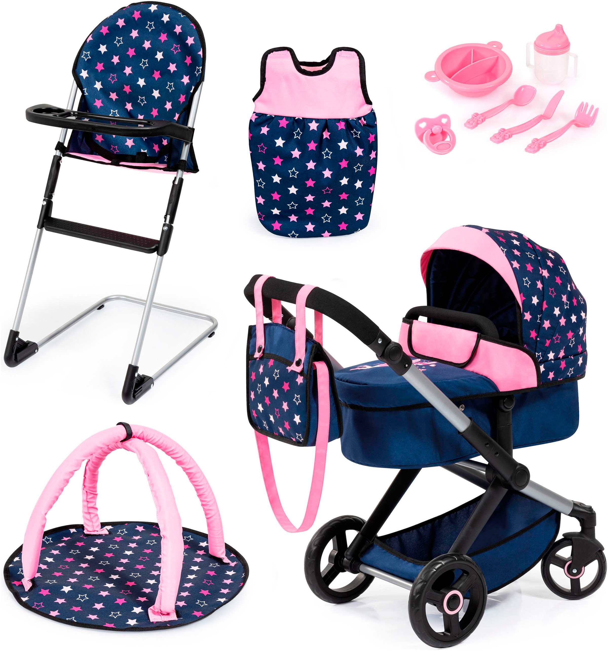 Image of Bayer Kombi-Puppenwagen "Xeo Deluxe, blau/rosa"