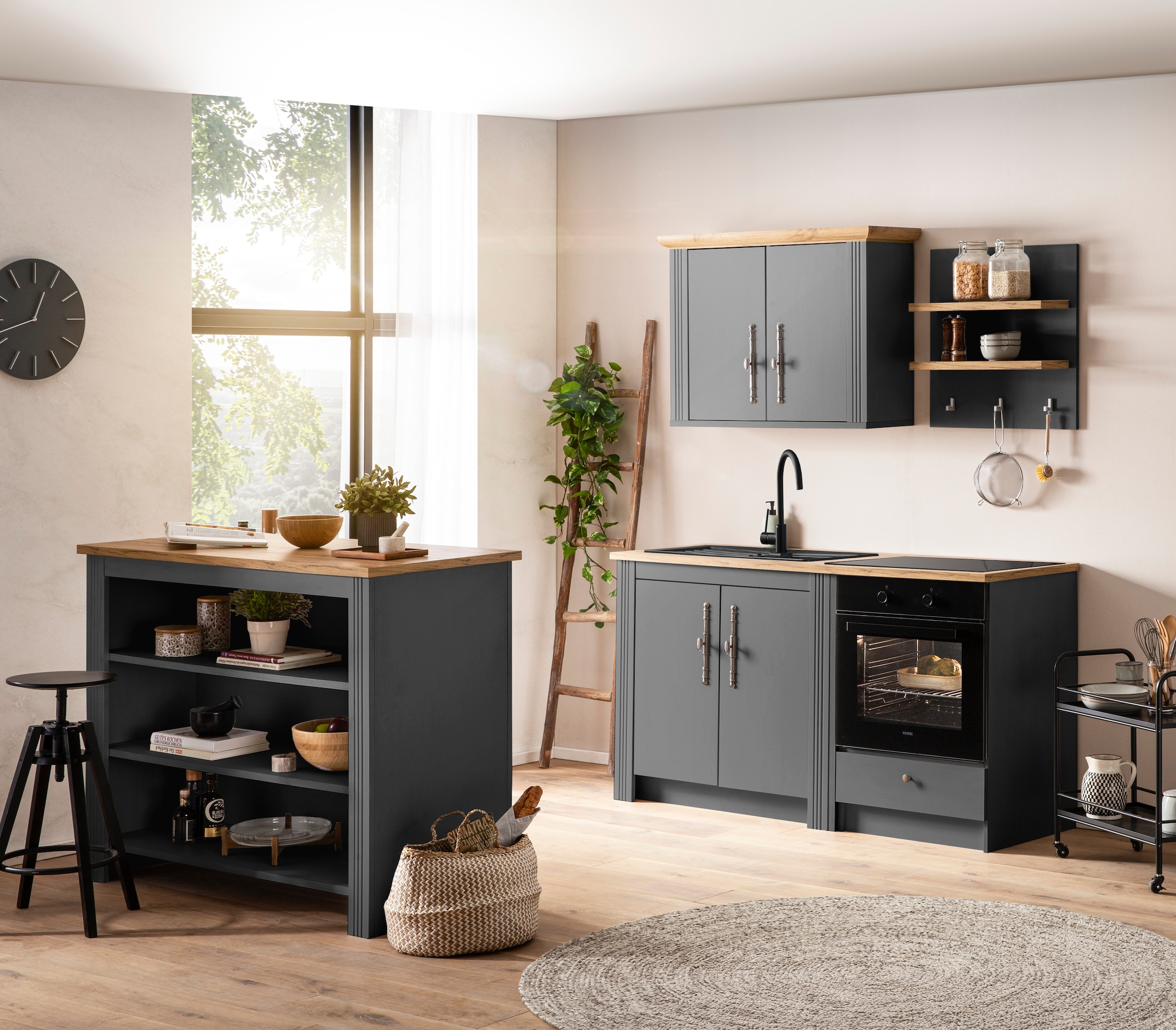 GOODproduct Küchenzeile »KS-Westminster, Pantryküche im Landhaus Stil, hochwertige Metallgriffe« Set,  Breite 164 cm, Kommode, Wandpaneel, Hängeschrank und Herdumbau