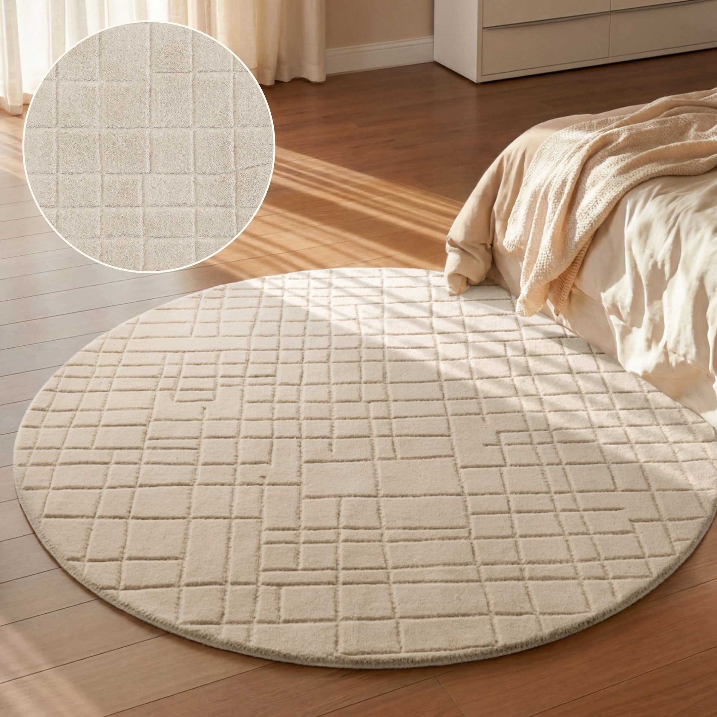 Villeroy & Boch Tapis en laine »Kenso« Rond 15 mm Höhe laine, à carreaux, naturel, fait main, salon, chambre, hygge