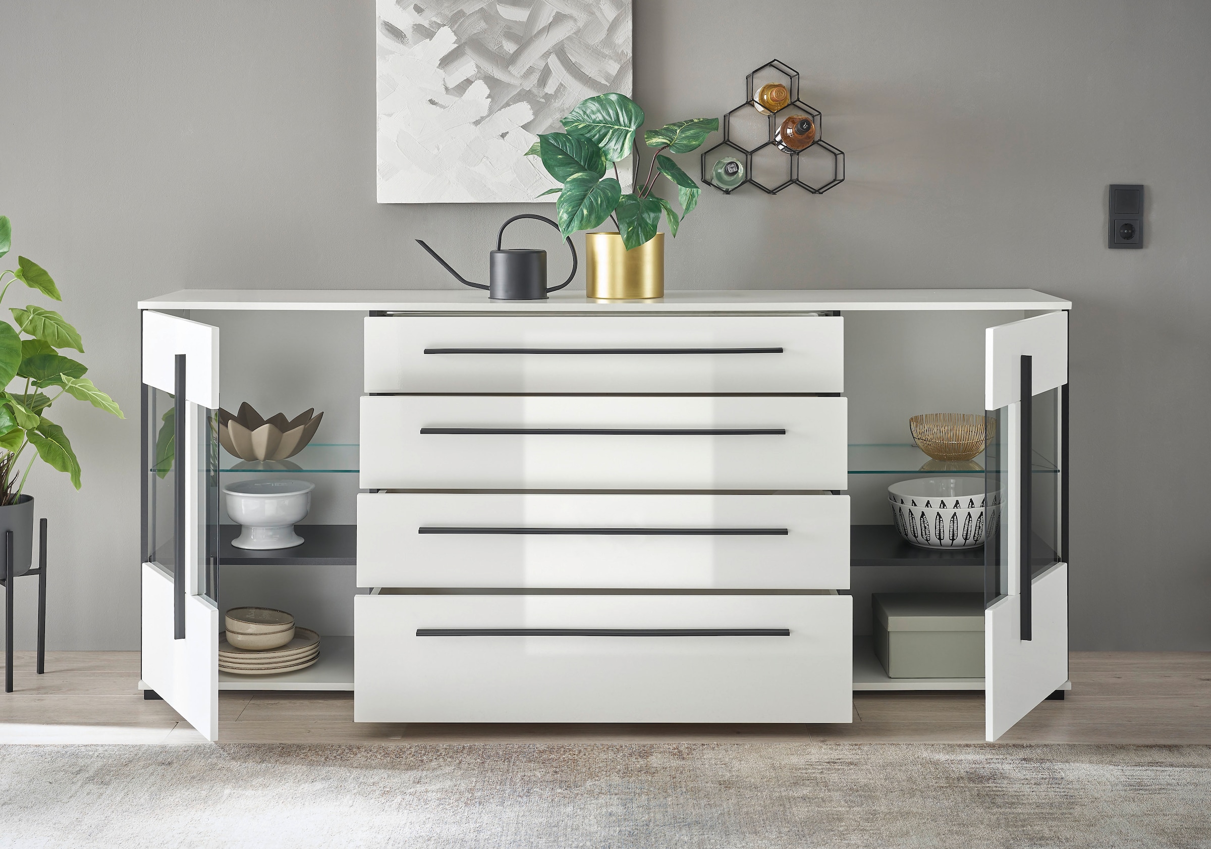 Home affaire Sideboard »Cantara, moderner Schrank, Kommode in Eiche Evoke oder weiss« schwarze Stangengriffe, ausreichend Stauraum, vielseitig einsetzbar