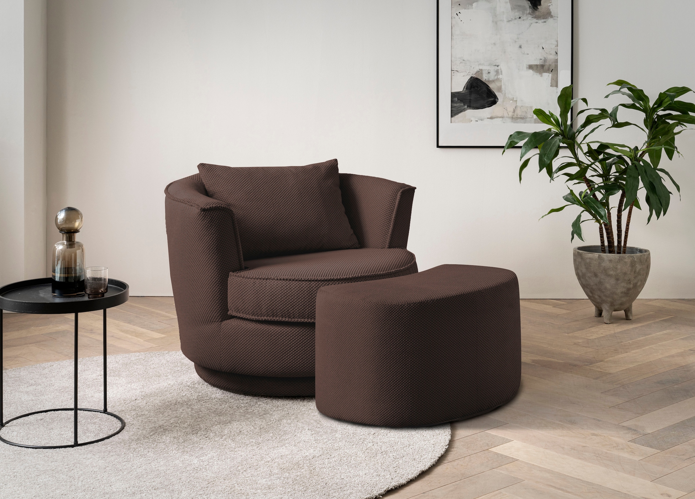 Leonique Drehsessel »MAISIE, Love Seat,Lese-Sessel,Sessel-Set, mit Hocker«, (2 St.), in MEGA CORD und Web-Velours, drehbar 360 Grad mit Hocker