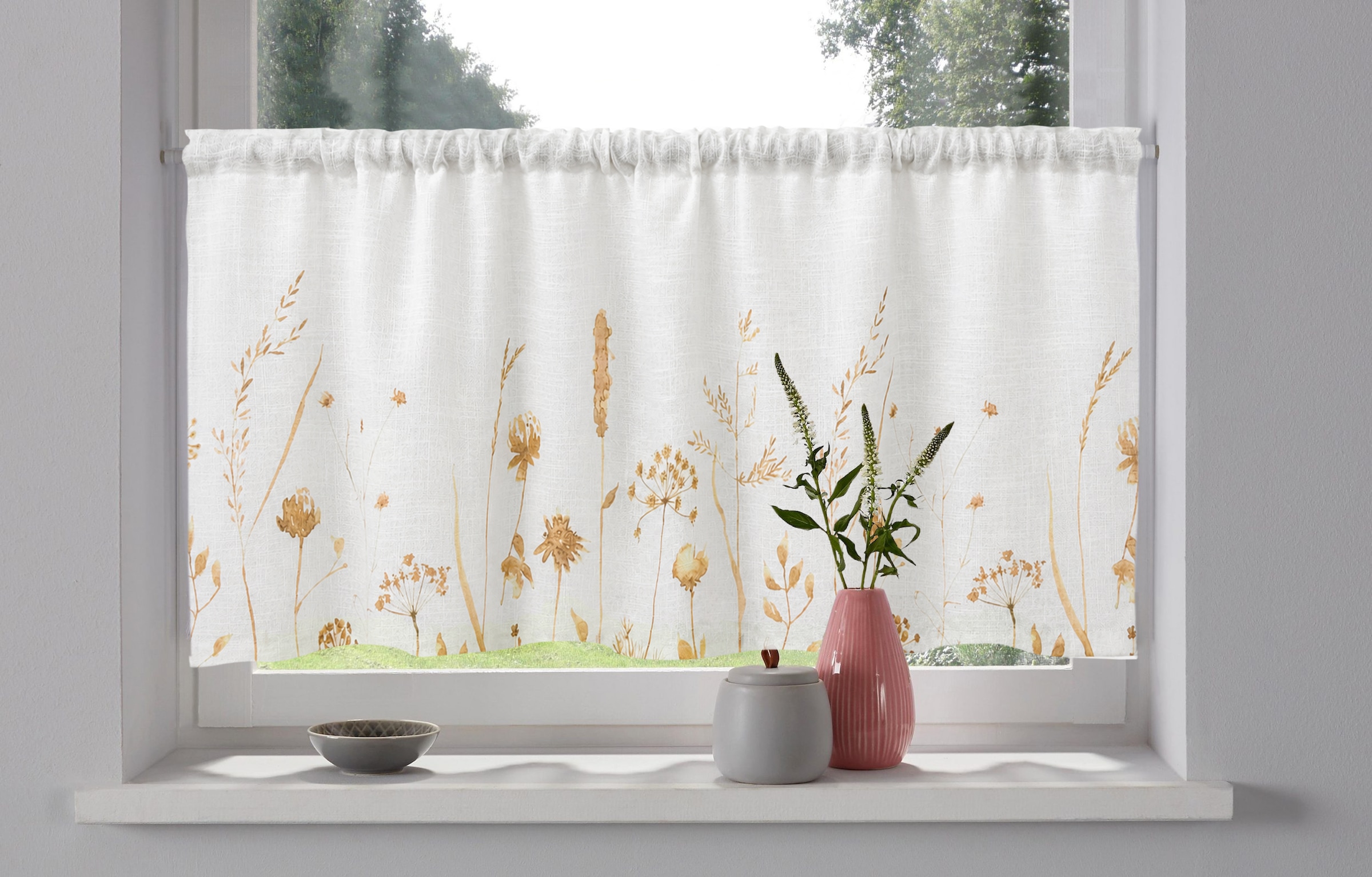 Image of GOODproduct Scheibengardine "Rikkert, 1 Stück, Stangendurchzug, Leinen-Optik Naturmotiv" Stangendurchzug 1 Stk. tlg. Lichtschutz, Leinen-Optik mit Naturmotiv, verschiedene Grössen