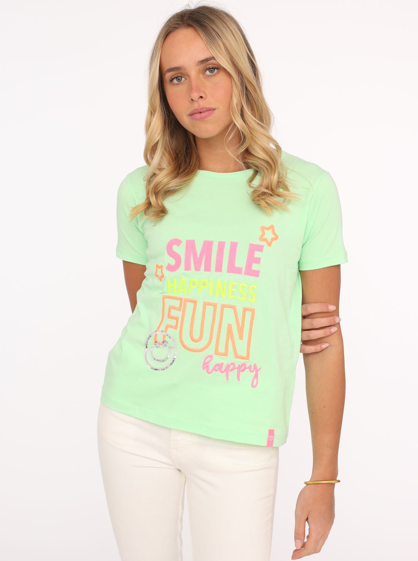 Image of Zwillingsherz T-Shirt ""Smile Happiness Fun"" Rundhalsausschnitt, bunte Stickerei, Pailletten, Kurzarm