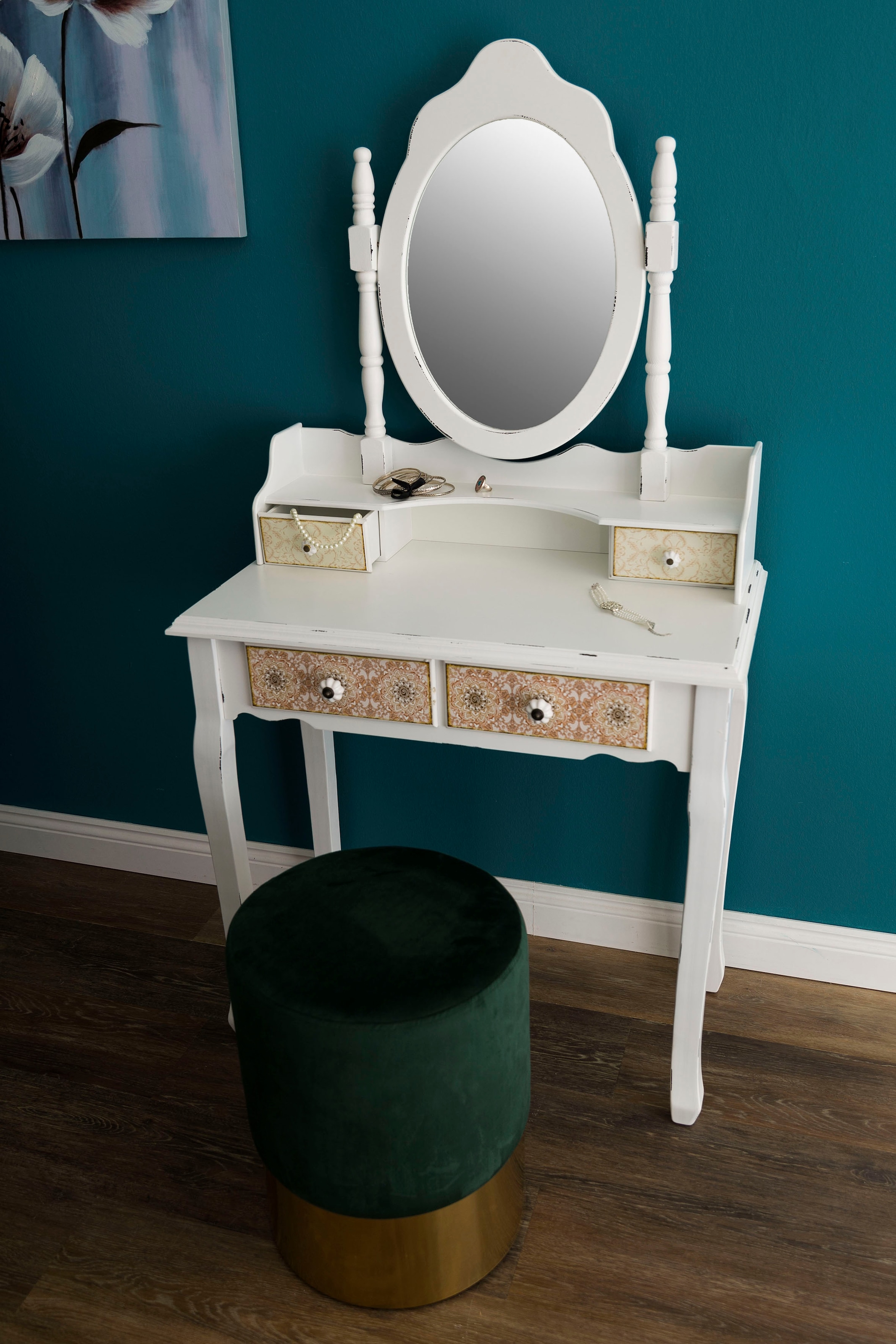 my Flair Schminktisch »Paisley«, Schminktisch, Frisierkommode, Shabby Chic Design mit 4 Schubladen