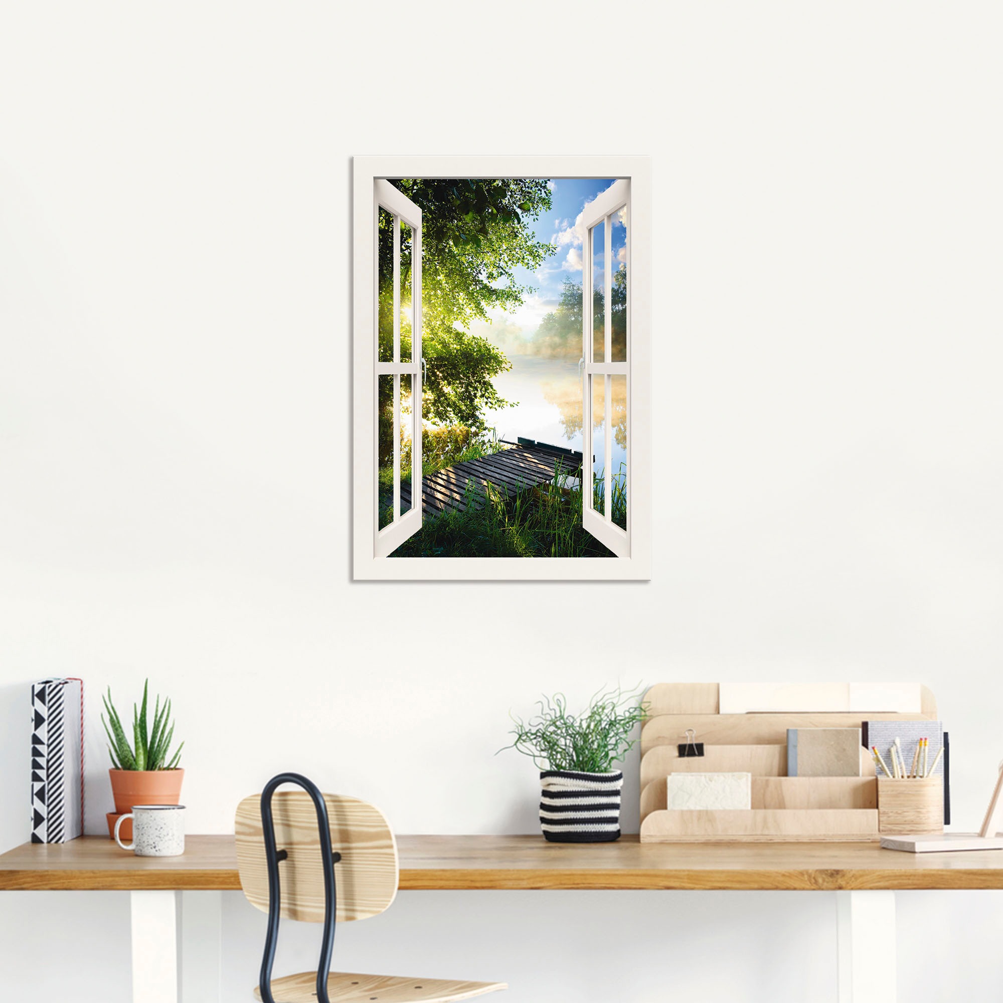 Artland Wandbild »Fensterblick Angelsteg am Fluss«, Fensterblick, (1 St.), als Alubild, Outdoorbild, Leinwandbild, Poster, Wandaufkleber