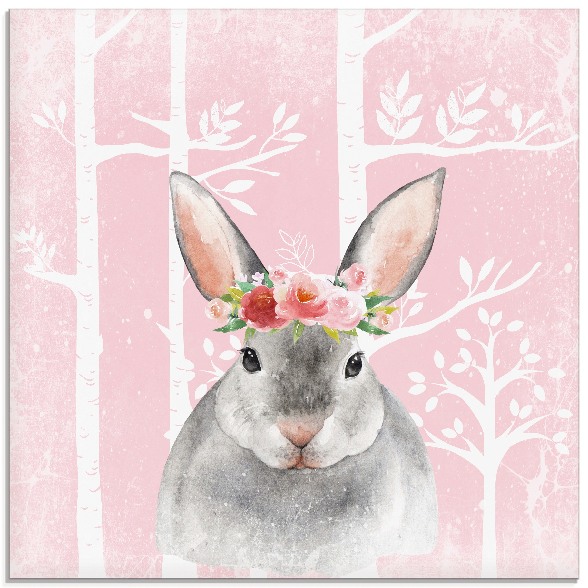 Image of Artland Glasbild »Hase mit Blumen im pink Wald«, Tiere, (1 St.) bei Ackermann Versand Schweiz
