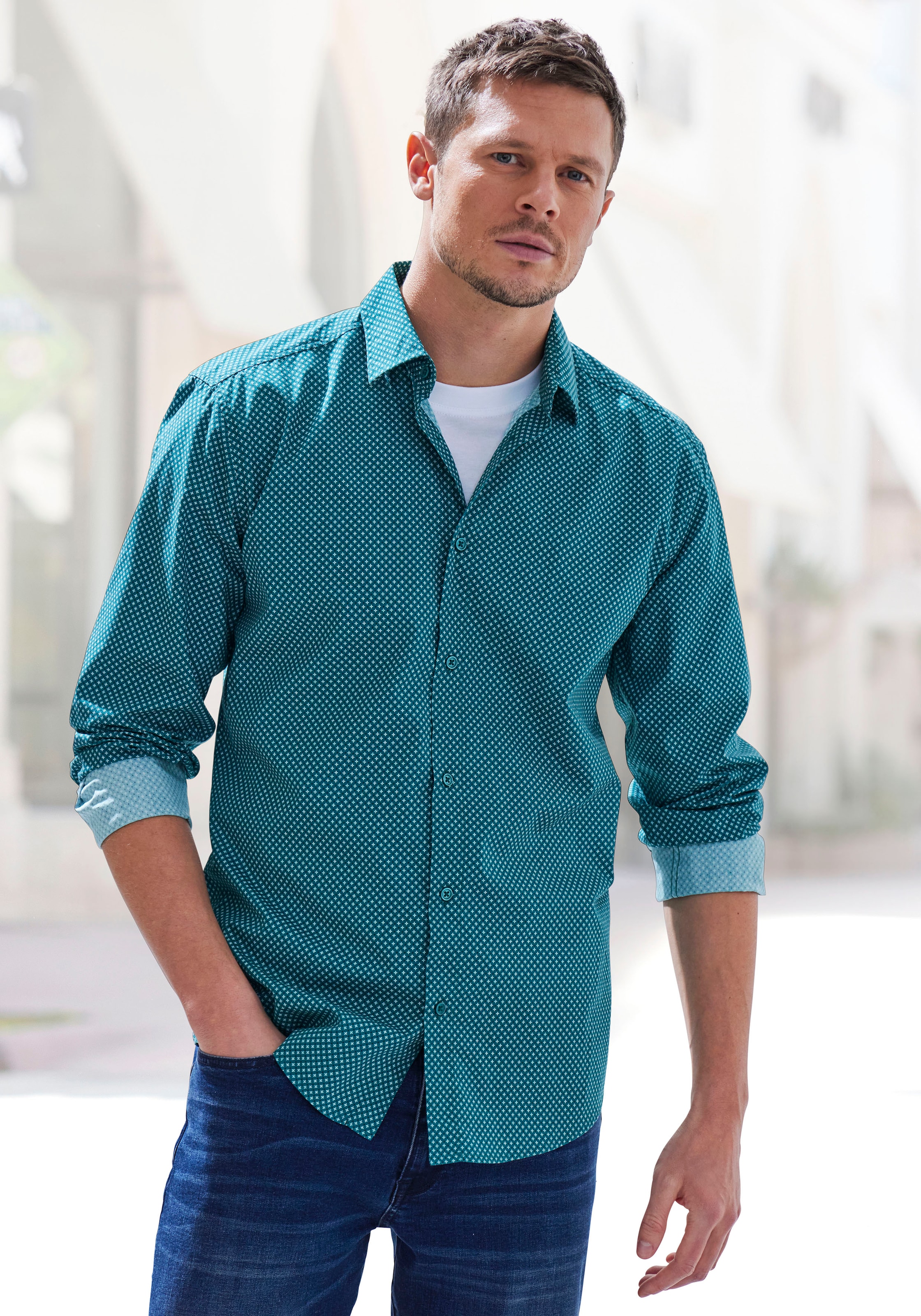 H.I.S Langarmhemd »Regular fit«, mit Haifischkragen und allover Print aus reiner Baumwolle
