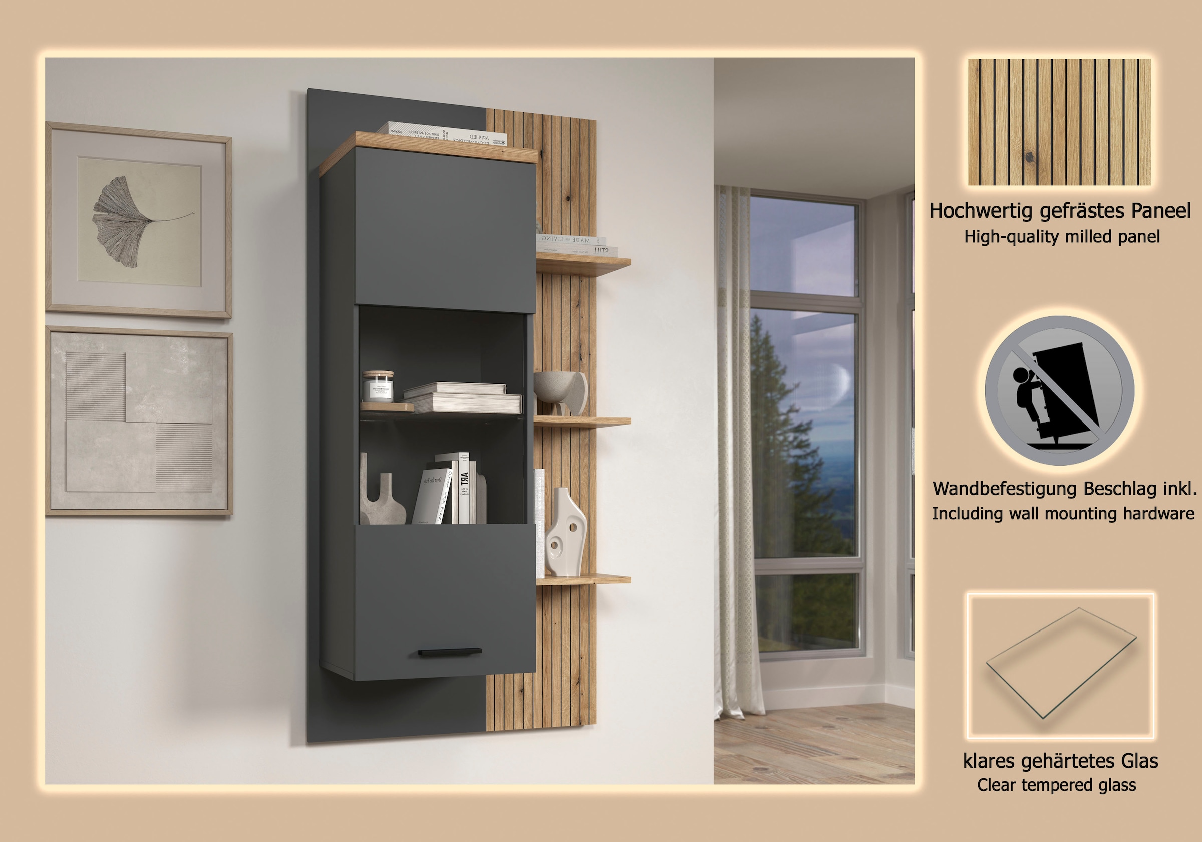 Home affaire Vitrine suspendue »Bajo« 1 cuis tlg. Hängeschrank mit 1 Tür & 1 Glasboden – (B/T/H) 80/32/161 cm