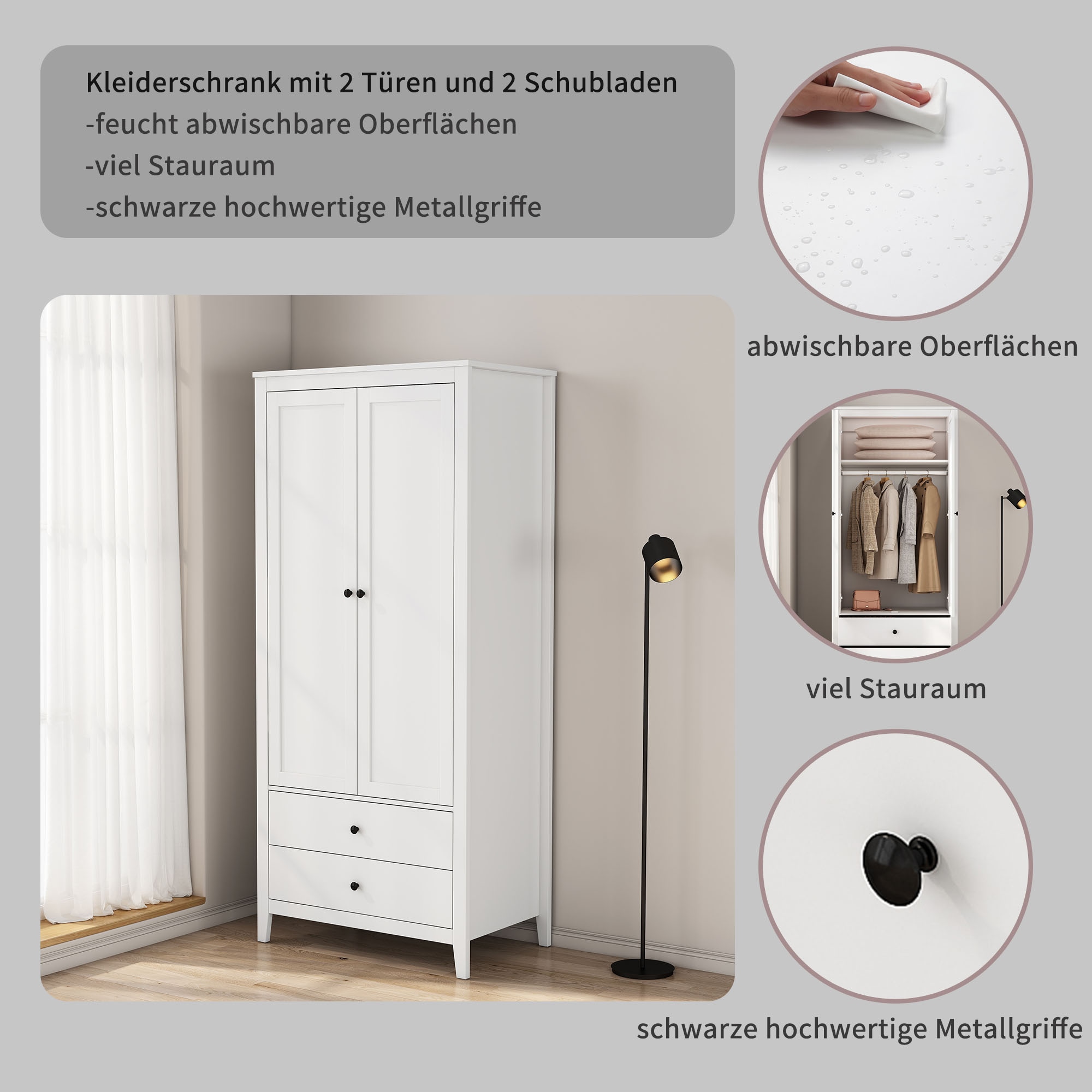 GOODproduct Kleiderschrank »Borkum Schlafzimmerschrank Garderobe Landhaus Bestseller weiss« hochwertige schwarze Griffe aus Metall, 