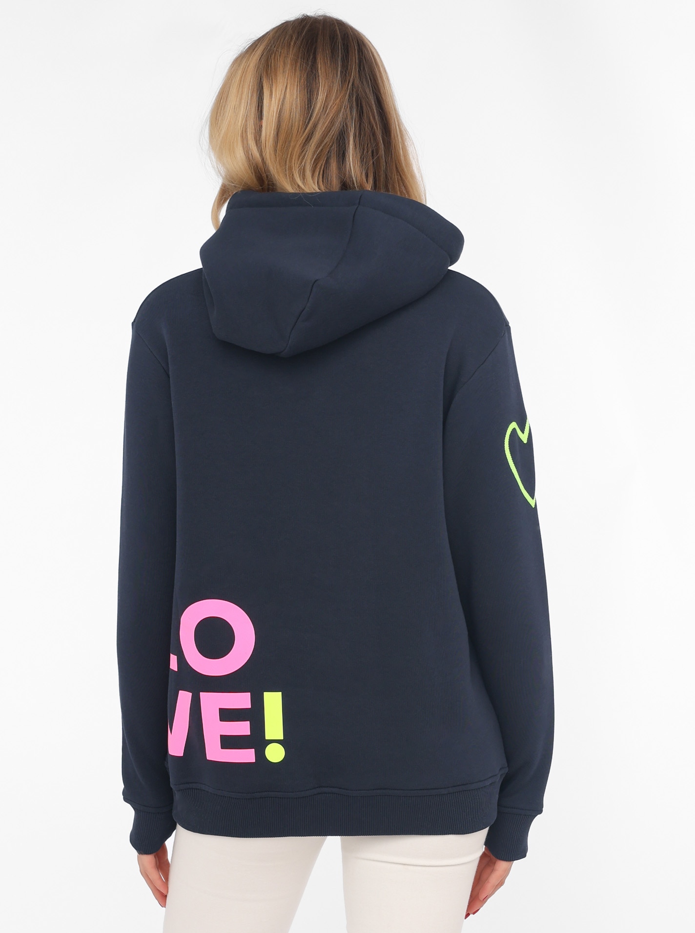 Zwillingsherz Kapuzensweatshirt, mit gesticktem Neon Herz am Ärmel und "Love" Schriftzug auf Kordel