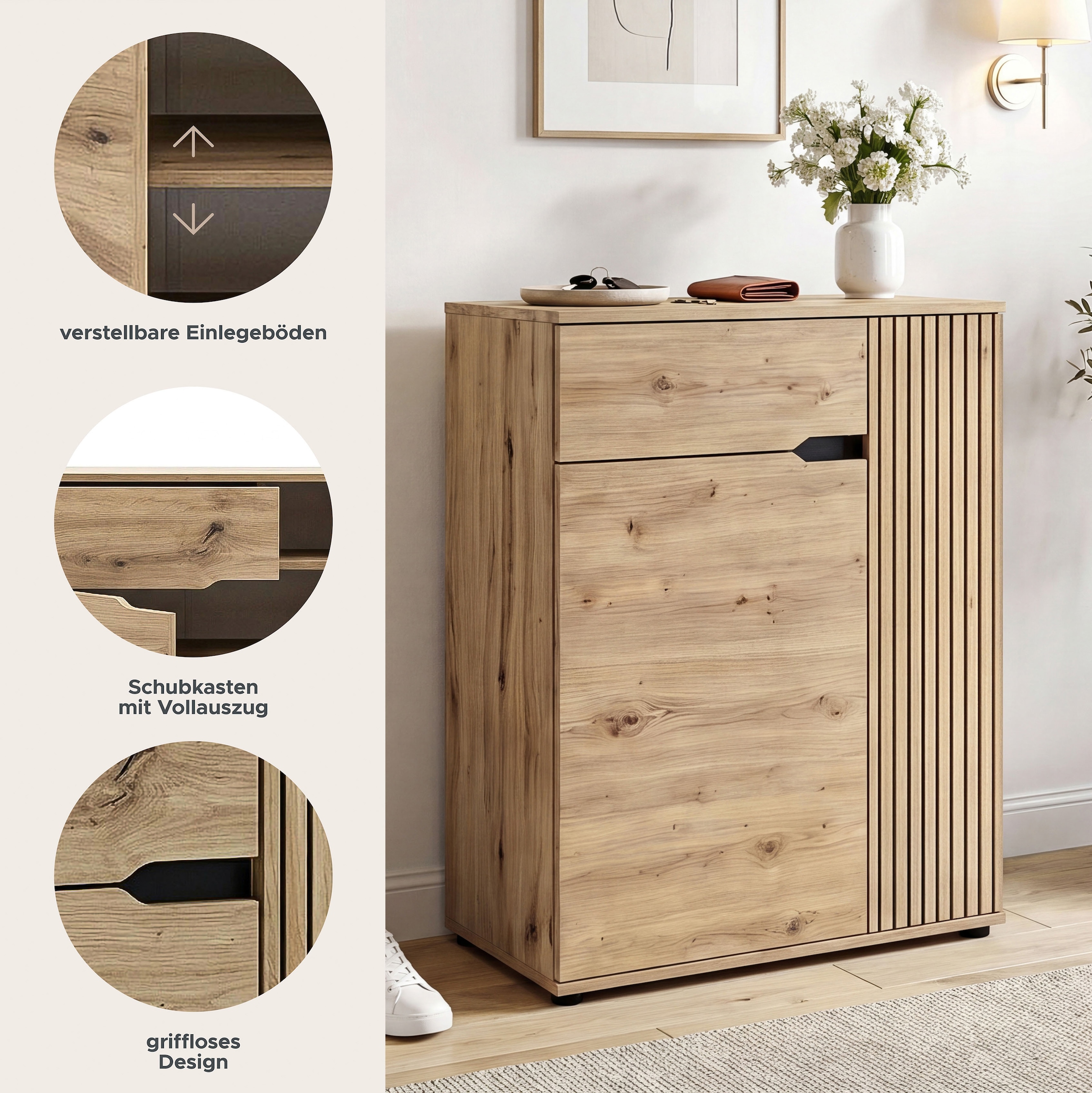 GOODproduct Commode à chaussures »FJELL, Breite 80cm, 2 Türen, 1 Schubkasten, 3 Einlegeböden, 5 Fächer« Armoire de rangement, armoire à chaussures, commode, buffet, vaisselier