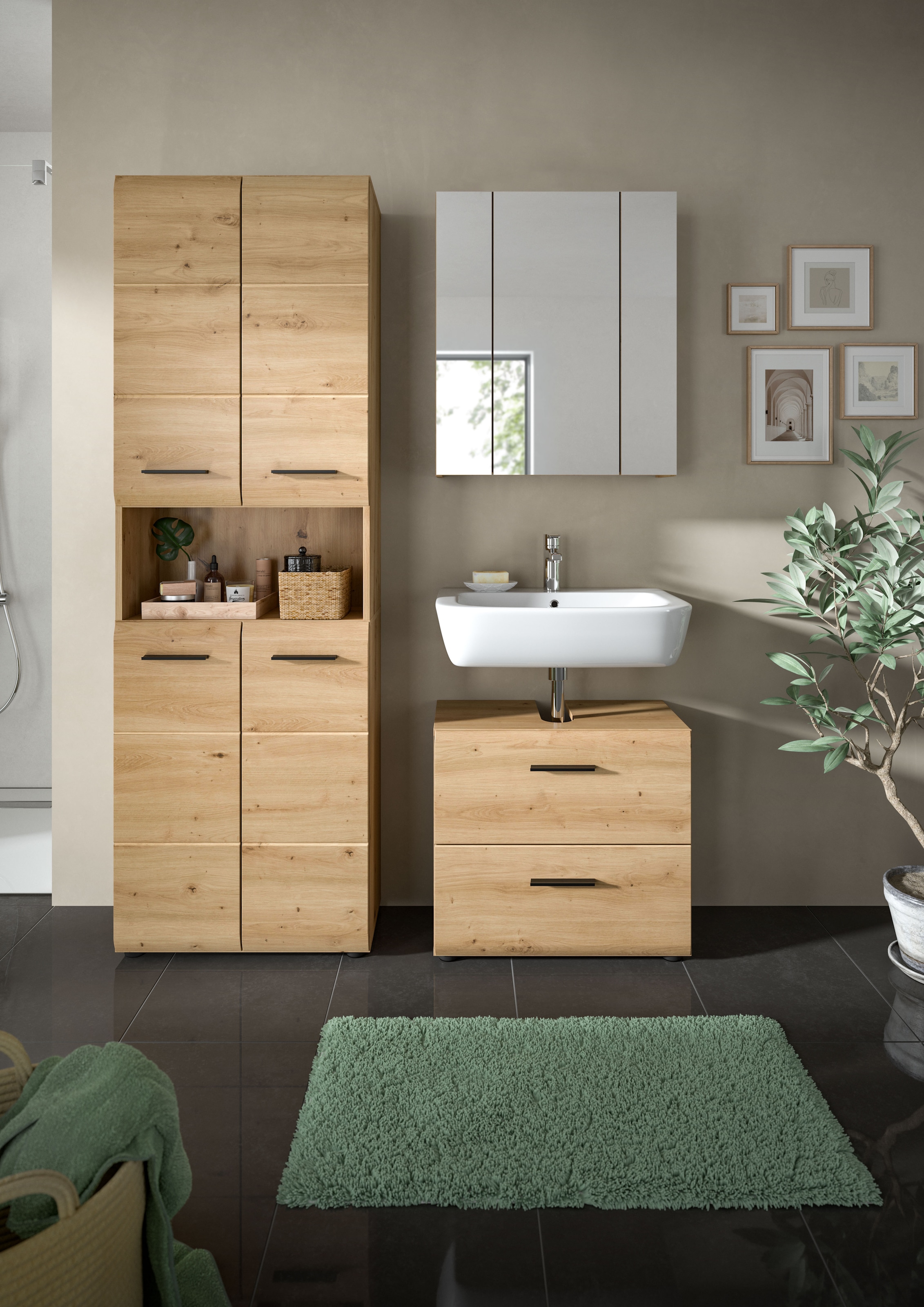 welltime Ensemble de meubles de salle de bain »FLORENZ,  3-teilige Badkombination, hochwertige MDF-Front« Ensemble, best. aus: 1 Hochschrank, 1 Waschbeckenunterschrank, 1 Spiegelschrank, 3 cuis tlg.