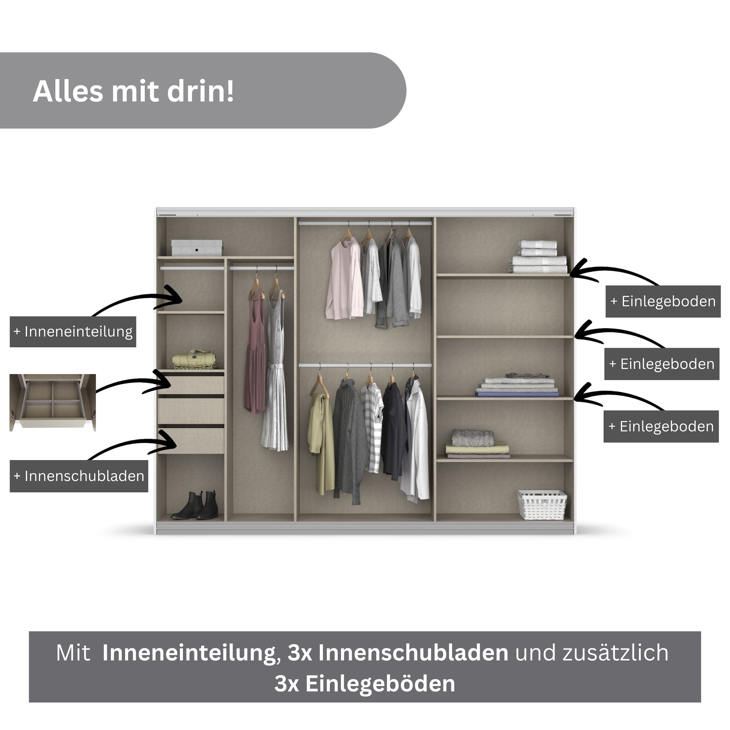 GOODproduct Kleiderschrank »Mehrzweckschrank Aktenschrank Möbel Mietswohnung Schlafzimmer OTELI« Breiten 211/278/323/368 cm Höhen 214/233 cm,  inkl. Passepartout optional mit Beleuchtung MADE IN GERMANY
