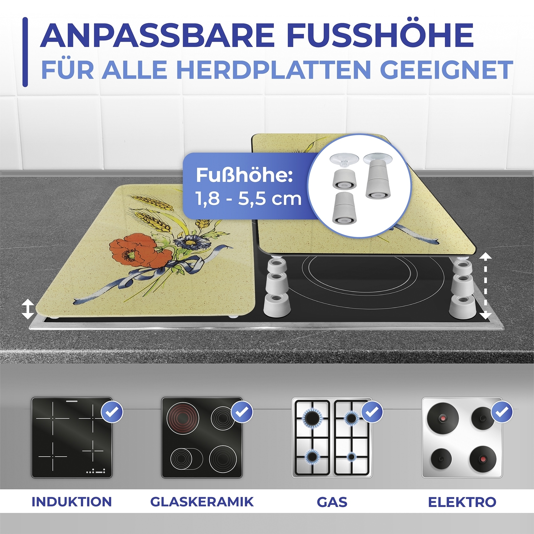 Maximex Herd-Abdeckplatte »Universal Modell Kornblumen«, (Set, 2 tlg.), Herdabdeckung für alle Herdarten, kratzfest, mit rutschfesten Füssen