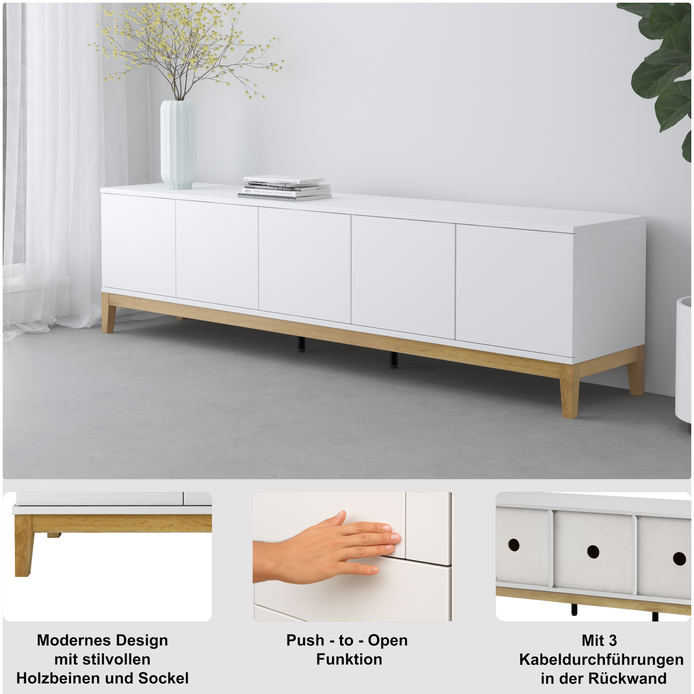 andas Table basse »Maryd« TV-Kommode mit Kabeldurchführung, Push-to-Open Funktion, Breite 200 cm