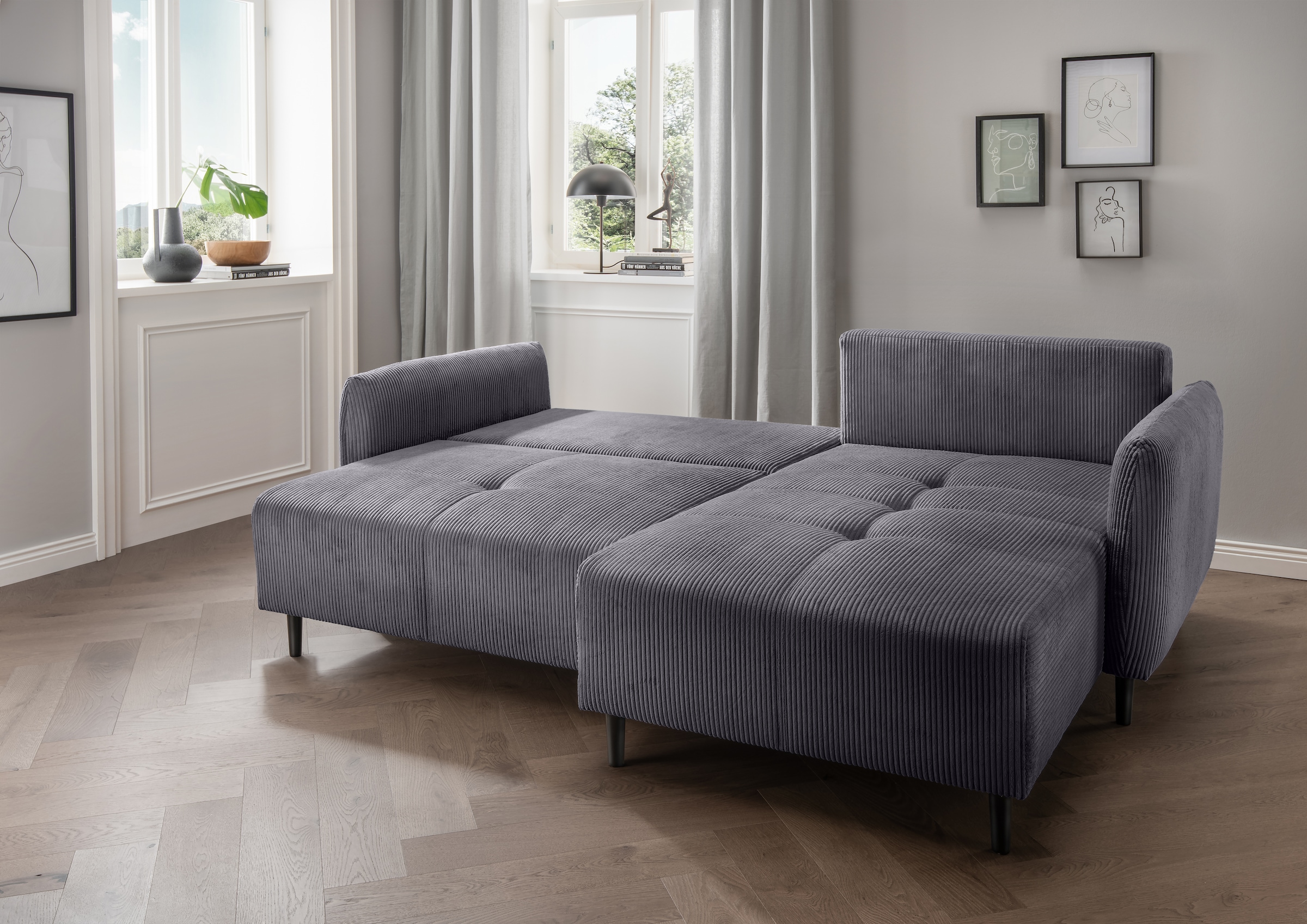 INOSIGN Ecksofa »Mara, L-Form, aktueller Cord Bezug und tolle Farben, schmale Armlehnen«, whlw. mit Bettfunktion,Recamiere links/rechts montierbar, Breite 238cm