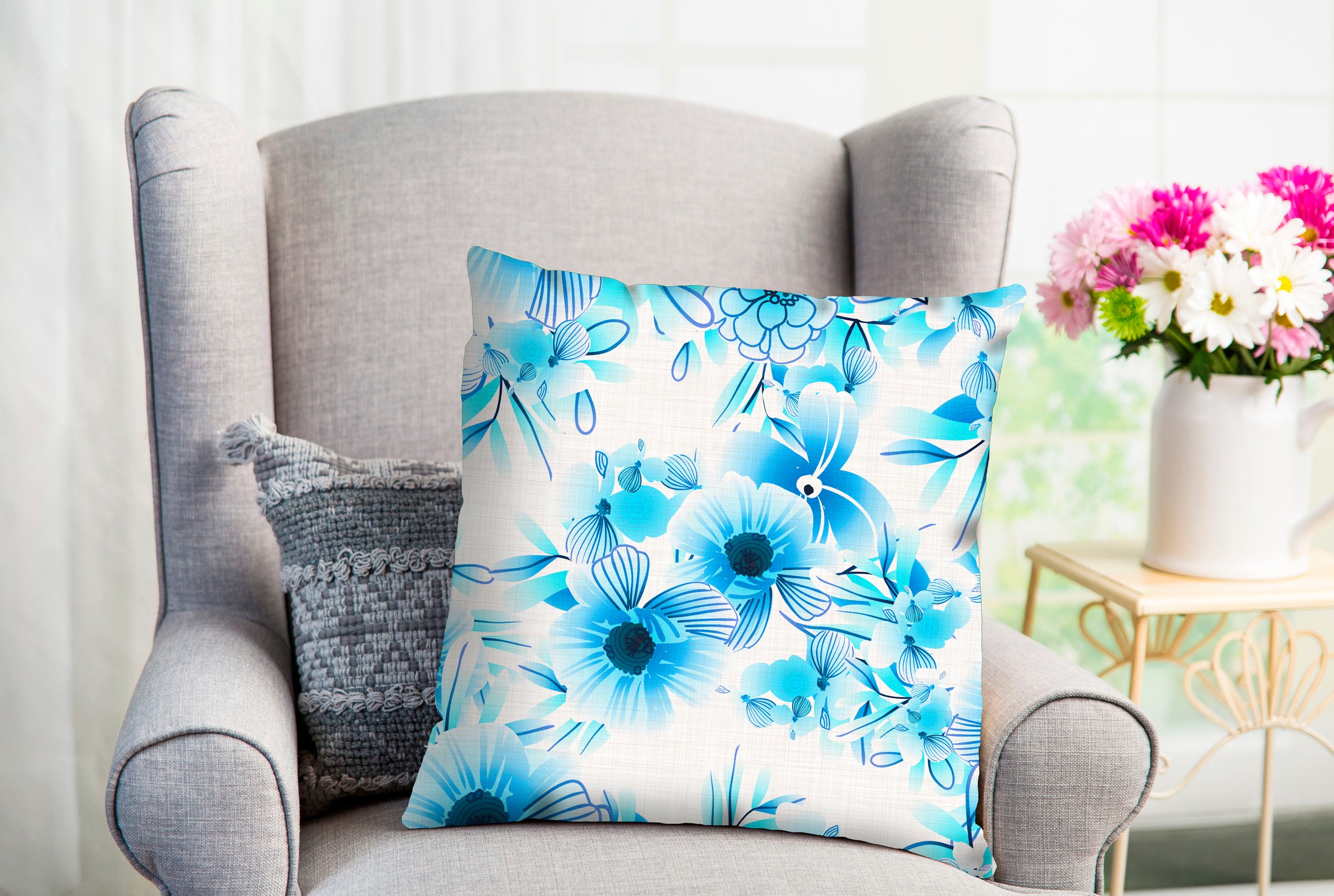 Image of queence Dekokissen "Fantor" Kissenhülle,Blaue Blumen,Florales Muster,Frisch,Blüten,Natur