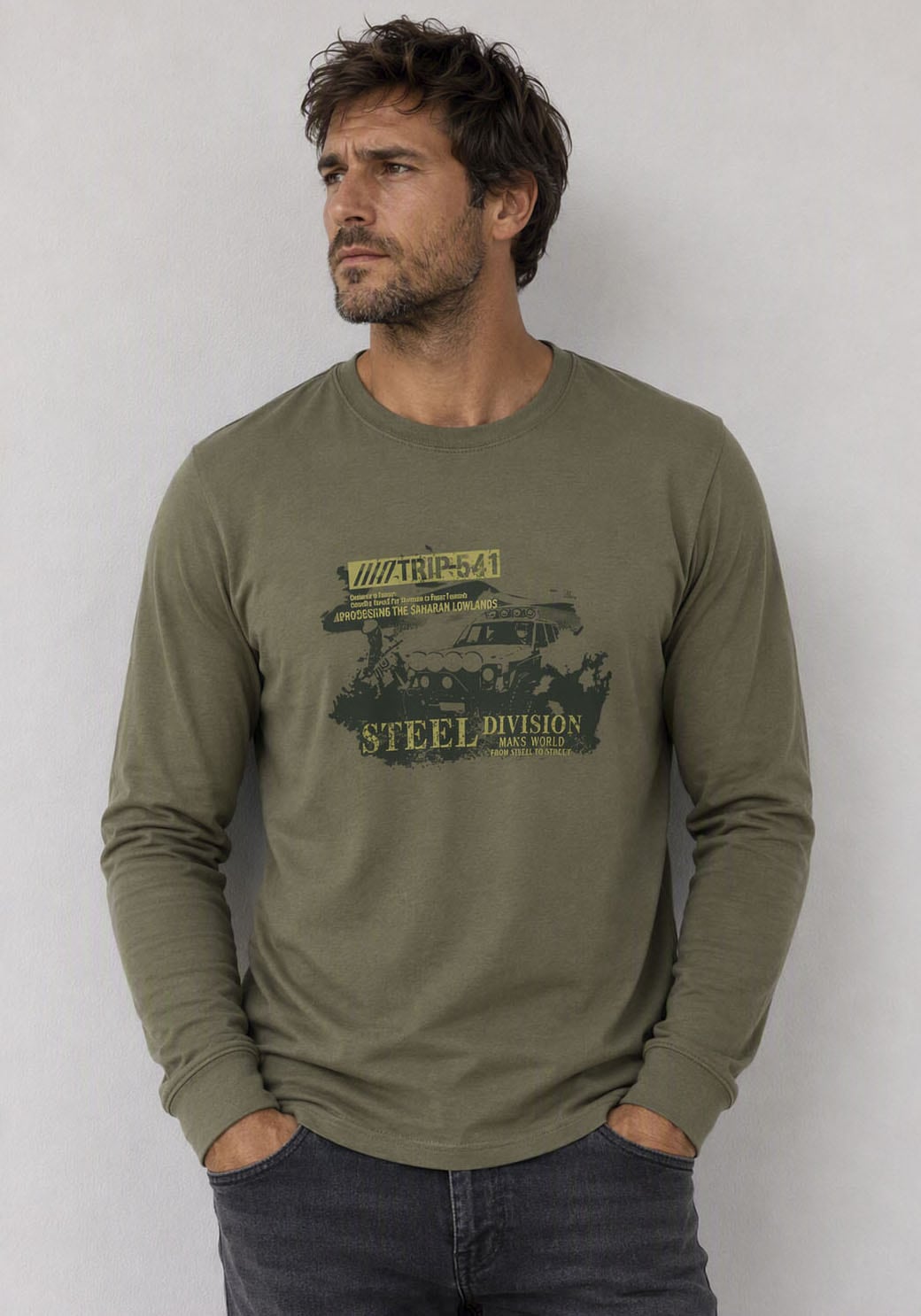 Man's World Shirt à col rond coupe normale, manches longues, avec imprimé, pour quotidien et loisirs