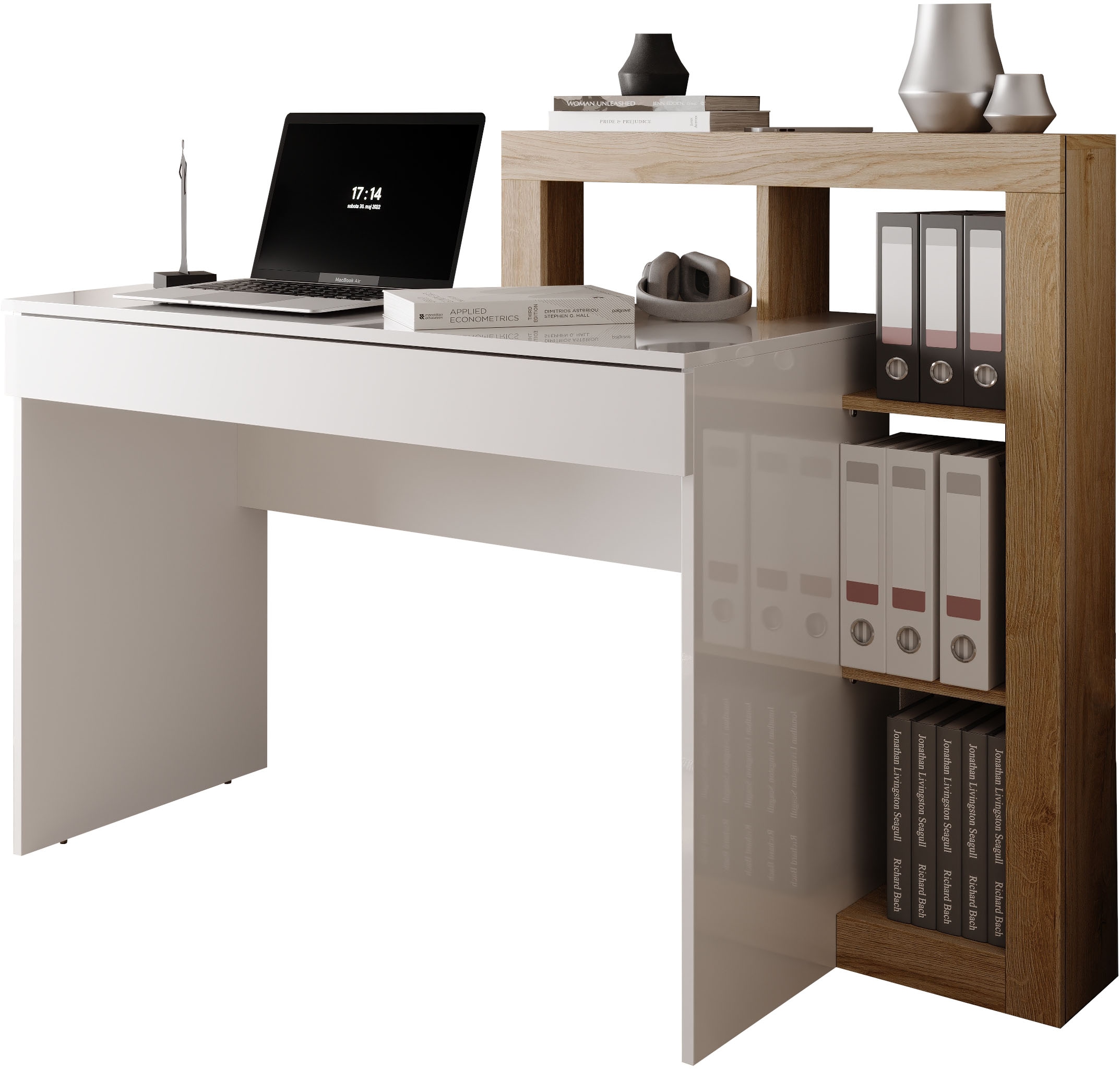 INOSIGN Schreibtisch »Hamburg, Breite 138 cm, Tiefe 50 cm, mit Schubkasten u. Aufsatz/Regal« Computertisch, Arbeitstisch, Schminktisch, Arbeitsplatz, 4 Fächer