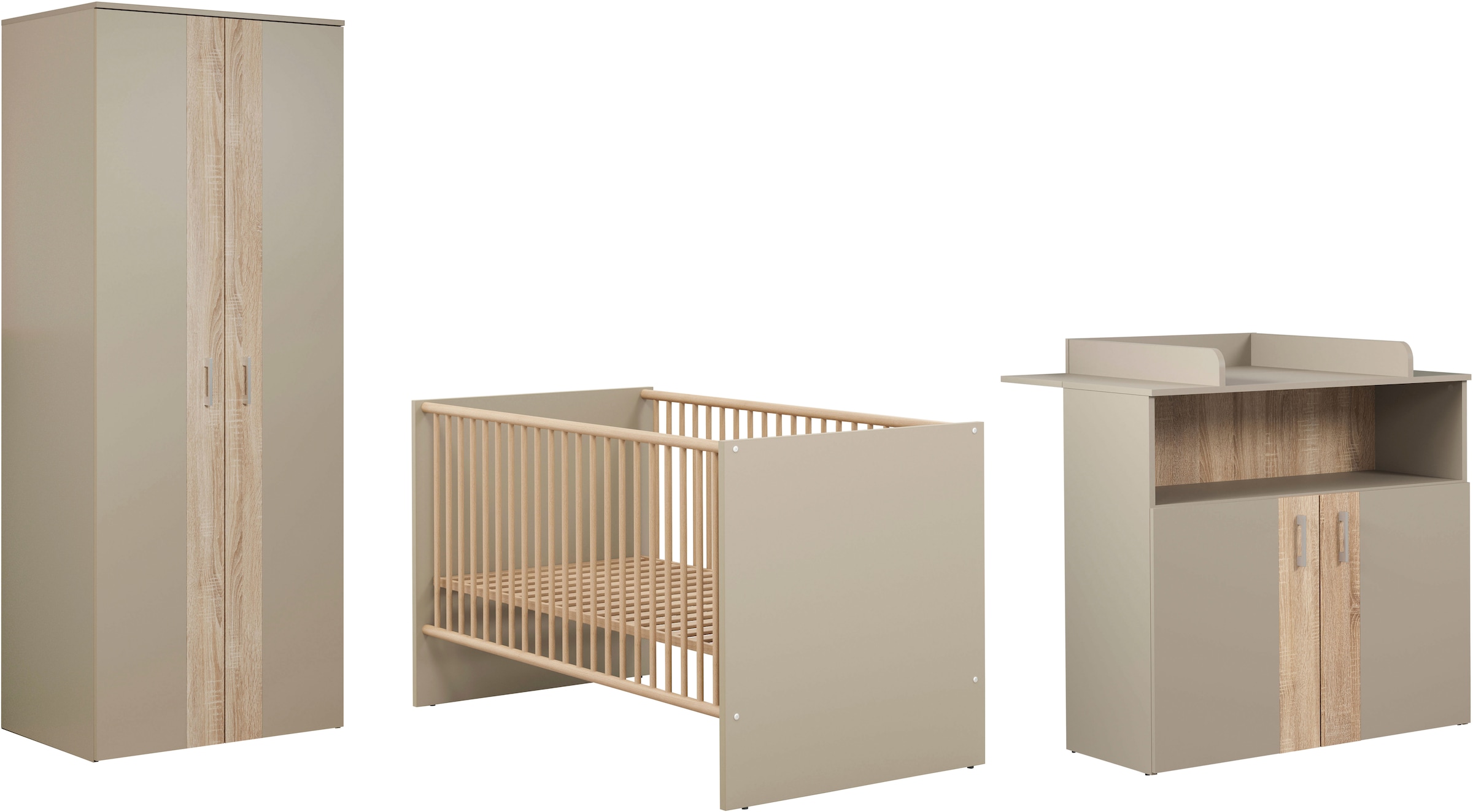 Image of trendteam Babymöbel-Set "Beja" Set, 3 tlg. Gitterbett, Wickelkommode und Kleiderschrank - silberfarbene Griffe