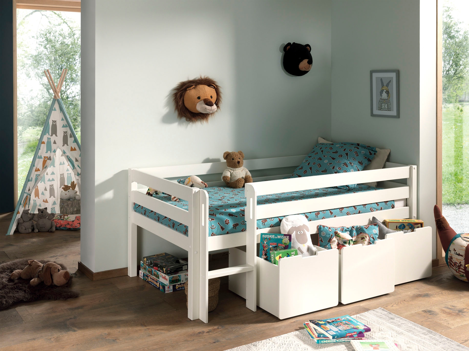 Vipack Spielbett »Pino, Kiefer massiv, mit Rolllattenrost, 3 Rollboxen, Made in Europe« B/H/T ca. 207,6x83x104,9cm, inkl. Leiter und Absturzschutz,  wahlweise mit oder ohne Hängeregal, 2 Farben zur Auswahl