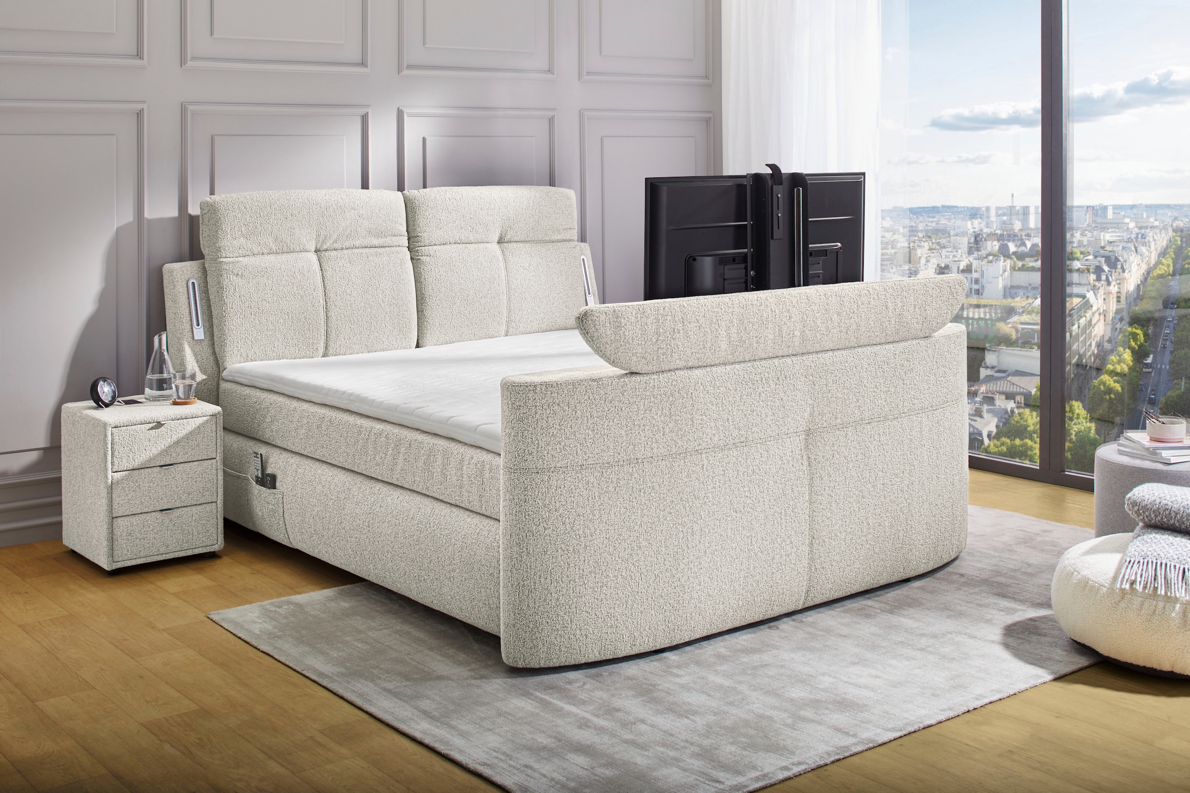 Image of Jockenhöfer Gruppe Boxspringbett "MOVIESTAR, mit Taschenfederkernmatratze H3-H4, inkl. LED-Beleuchtung" wahlweise Strukturstoff-Bezug oder Microfaser-Bezug, 180x200cm