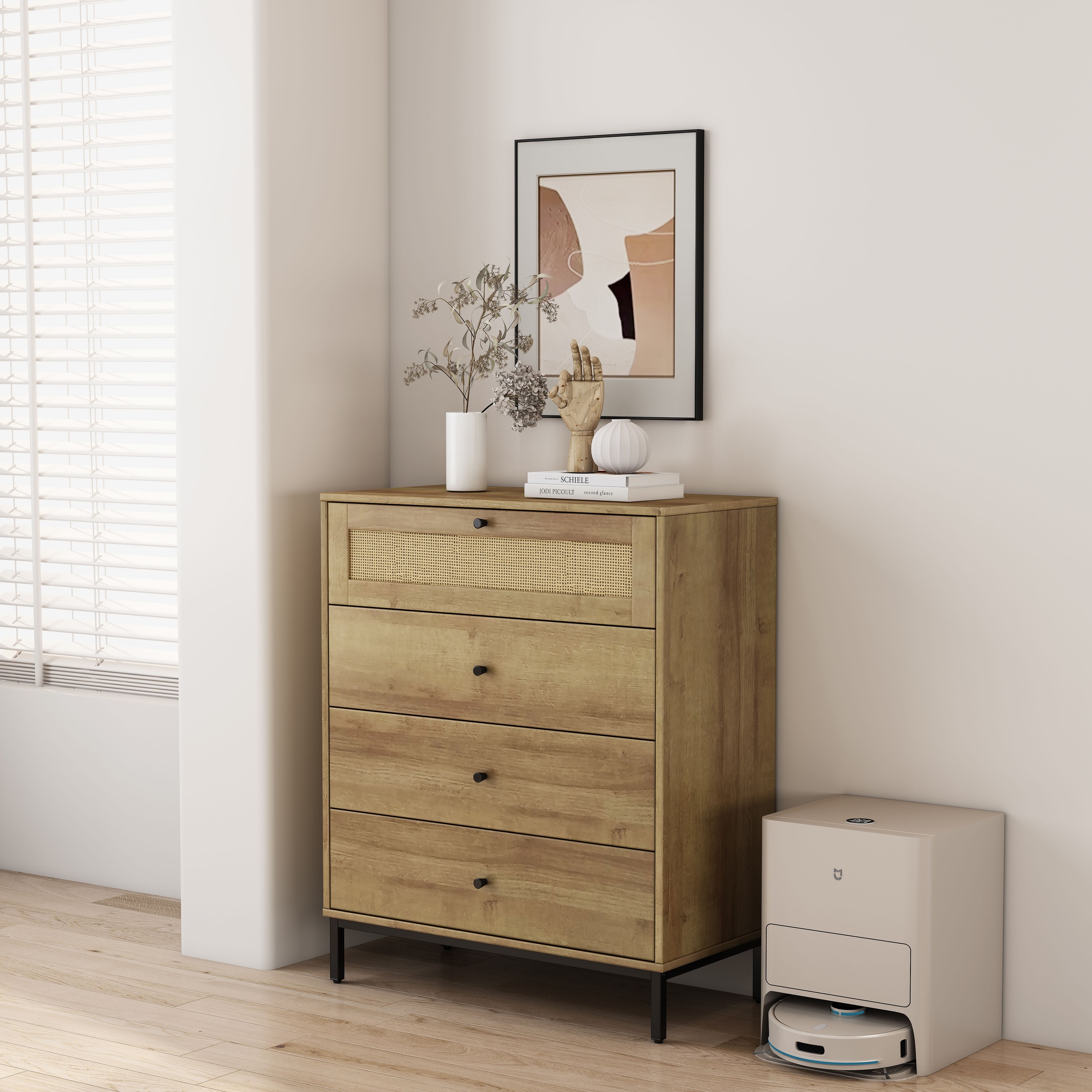 Image of GOODproduct Kombikommode "Motala Schlafzimmerschrank Garderobe Boho Eichen-Design" Eichen-Design mit Geflecht Schublade und schwarzen Griffen, Schrank Schlafzimmer mit 4 Schubladen hochwertig