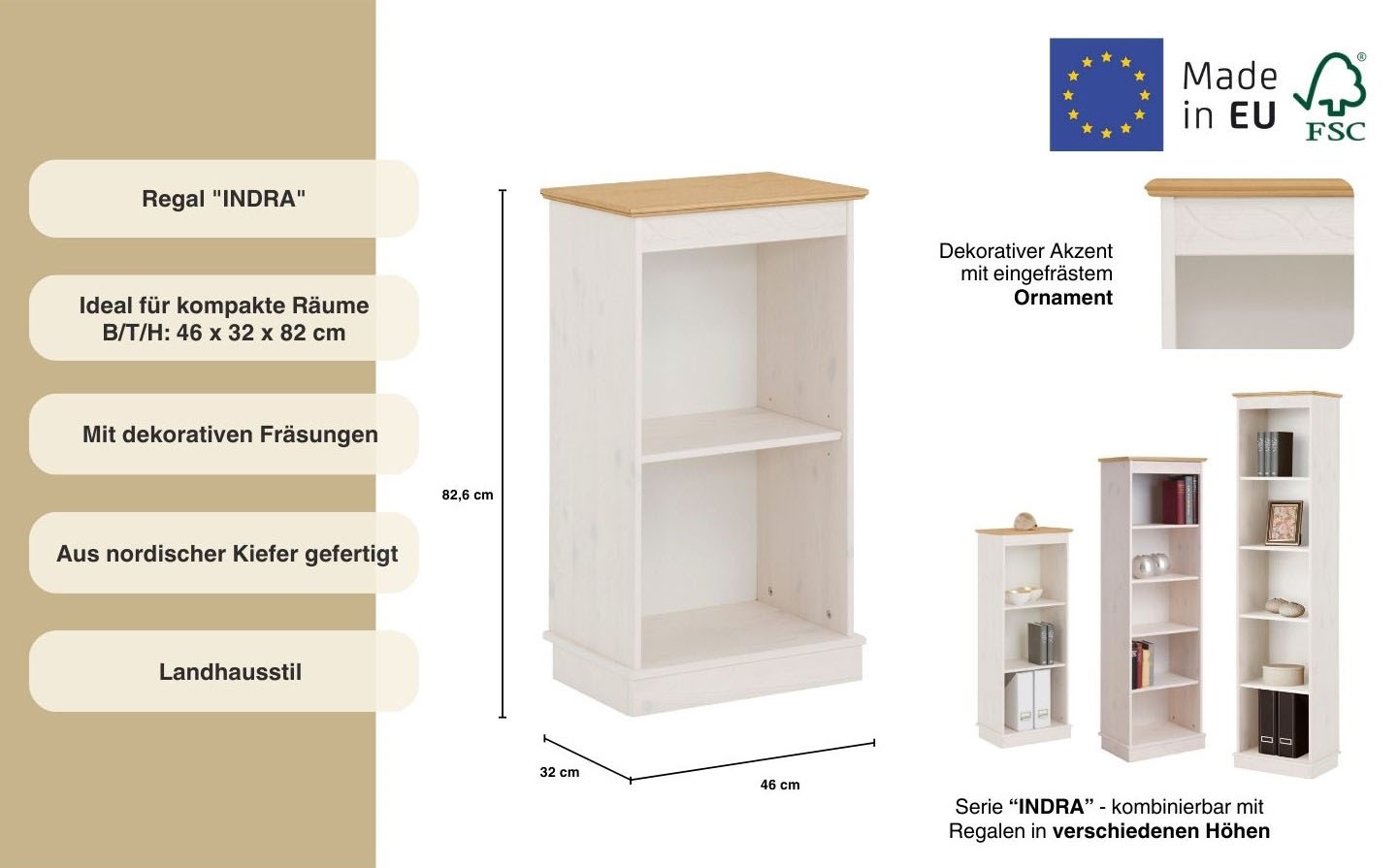 Home affaire Bücherregal »Indra«, aus massiver Kiefer, in verscheidenen Höhen, mit FSC®®