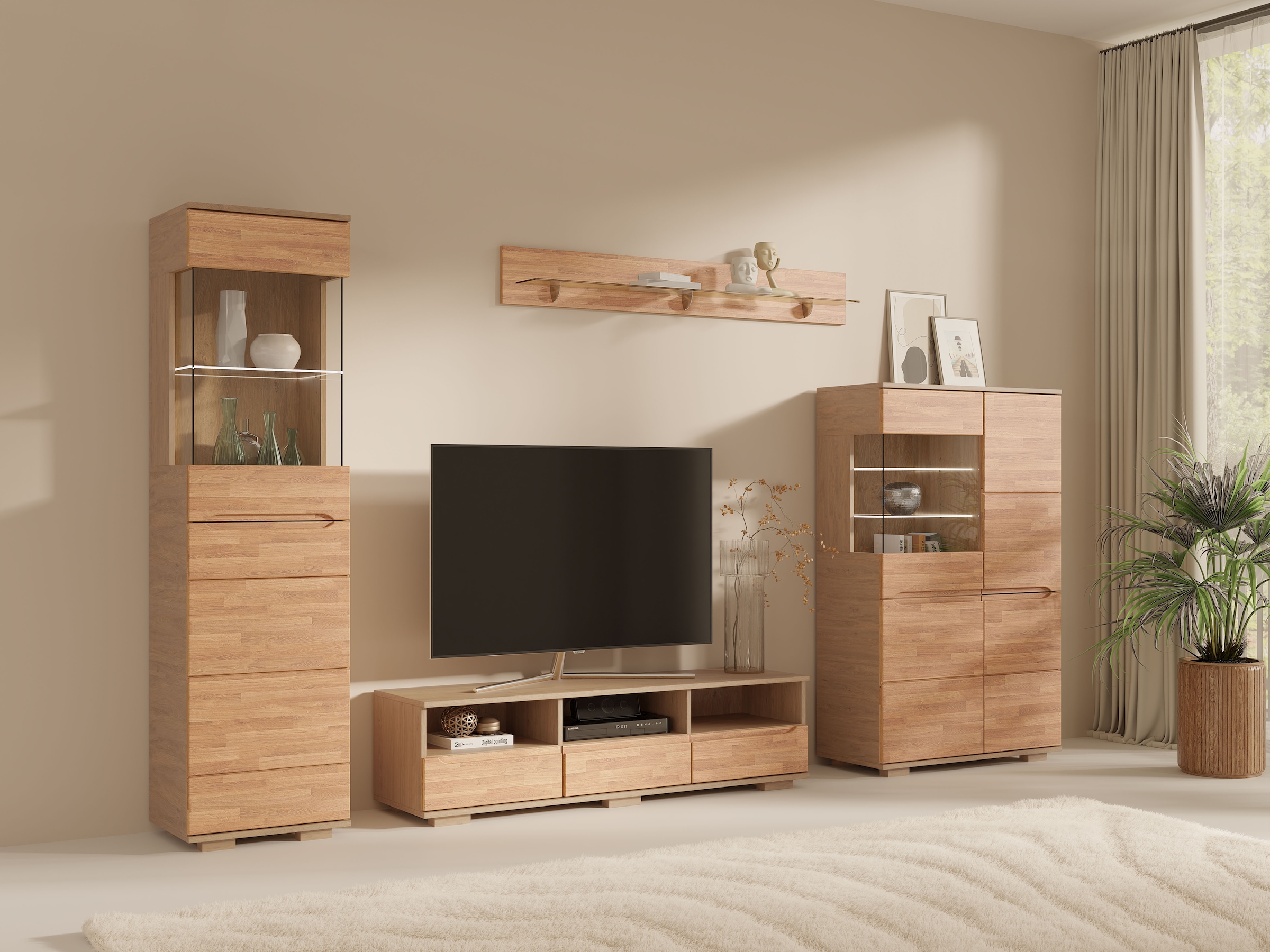 GOODproduct Vitrine »VETRO; massivholz fronten, Griffmulden, Wohnzimmer, Modern, Vitrine« B/T/H:90/40/145,5cm, 6 Variable einlegeboden, 10 Fächer, Teilmassiv