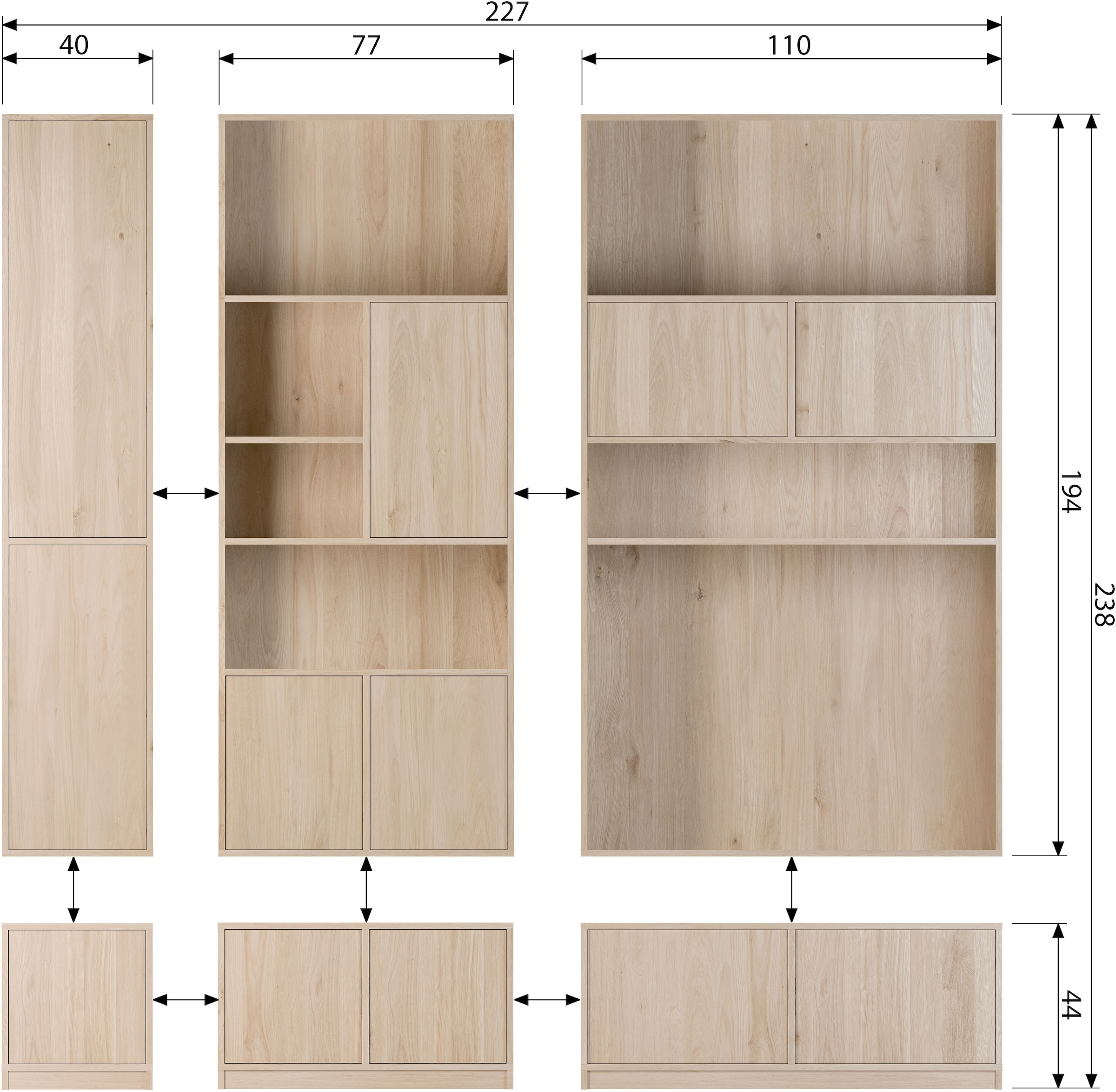 WOOOD Stauraumregal »Modulair mit FSC® Eichenfurnier und Push-to-open B110 x T40 x H199 cm« Tragkraft 15 kg pro Einlegeboden, einfach zu montieren