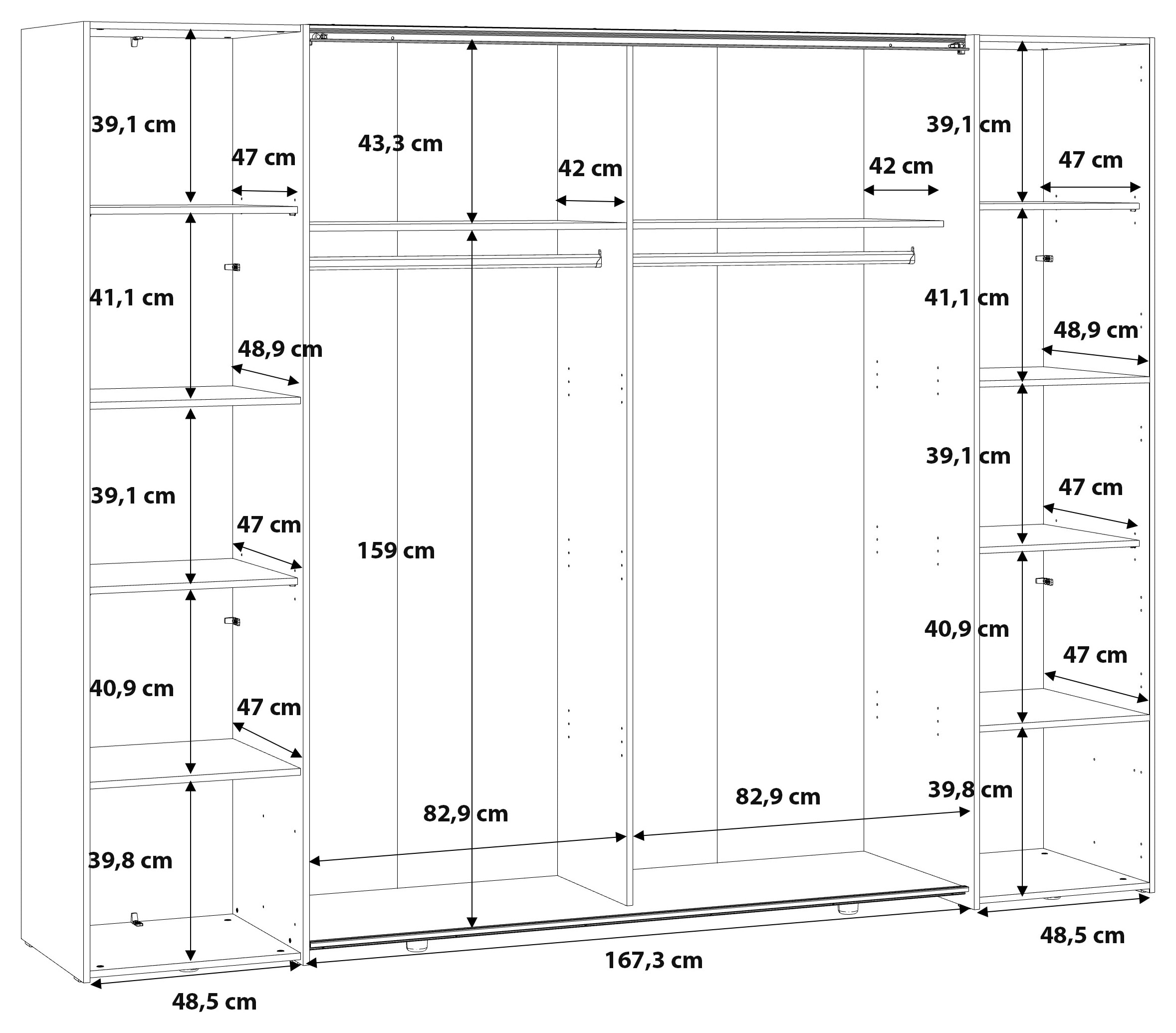 FORTE Kleiderschrank »Narago, Kombischrank mit Spiegel« B/H/T ca. 270/210/61cm,  Schwebetüren in Kombination mit Drehtüren, Made in Europe