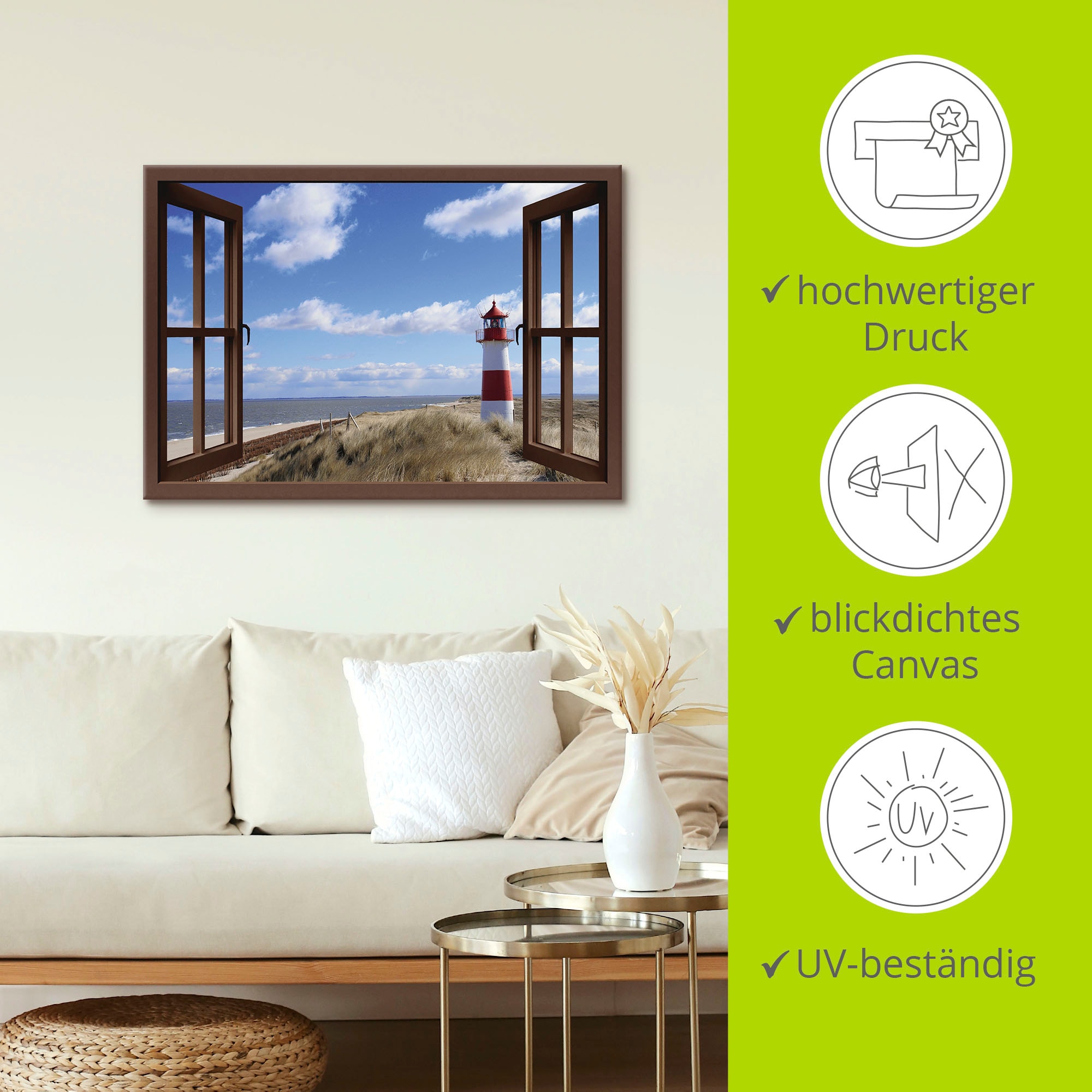 Artland Wandbild »Fensterblick - Leuchtturm Sylt«, Fensterblick, (1 St.), als Leinwandbild, Poster in verschied. Grössen
