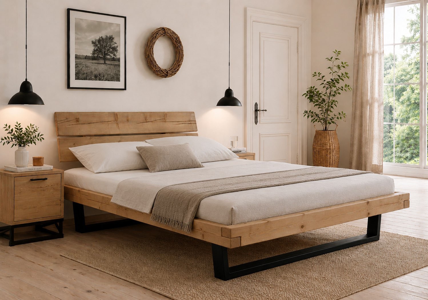 Image of GOODproduct Massivholzbett "Ultima Balkenbett Doppelbett, Füsse Metallkufe" hohe Belastbarkeit: 200kg je Seite, FSC-zertifizierte Wildeiche oder Fichte, viele Breiten zur Auswahl