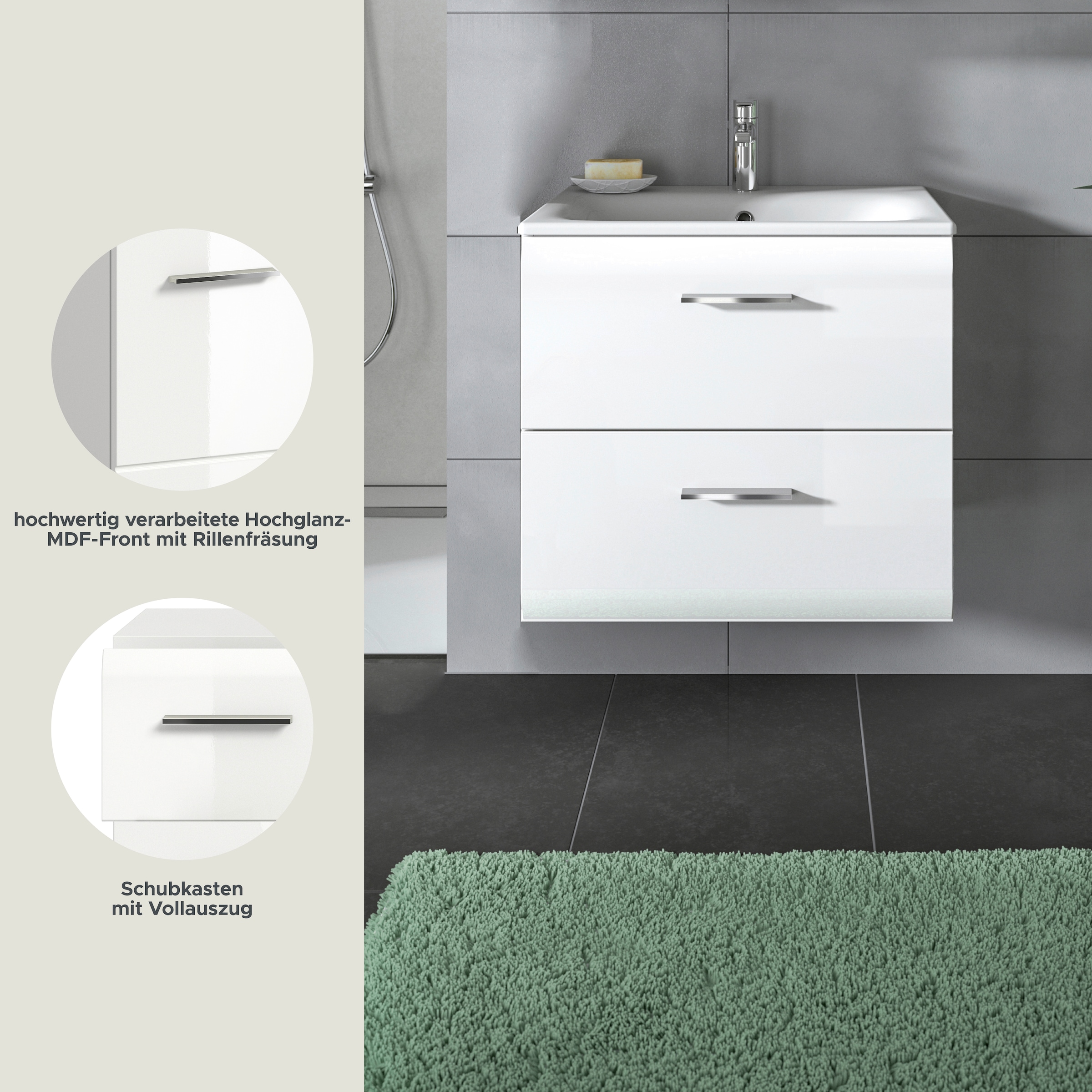 INOSIGN Armoire sous lavabo 2 cuis tlg. Florenz, Waschtisch inkl. Waschbecken, Weiss Hochglanz Tiefzieh