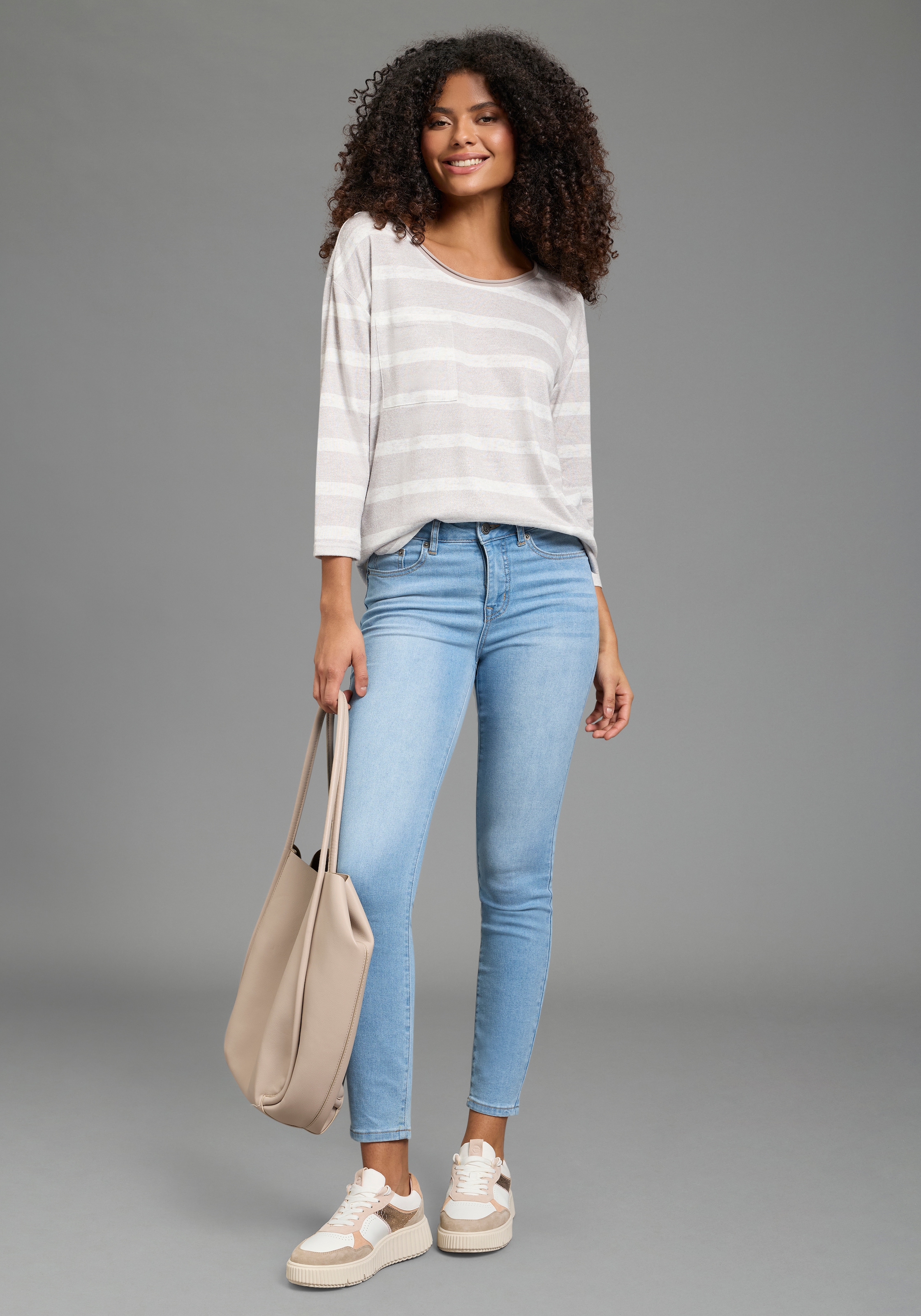 Laura Scott Pull à rayures leichter Übergangspullover mit seitlichem Schlitz und Tasche