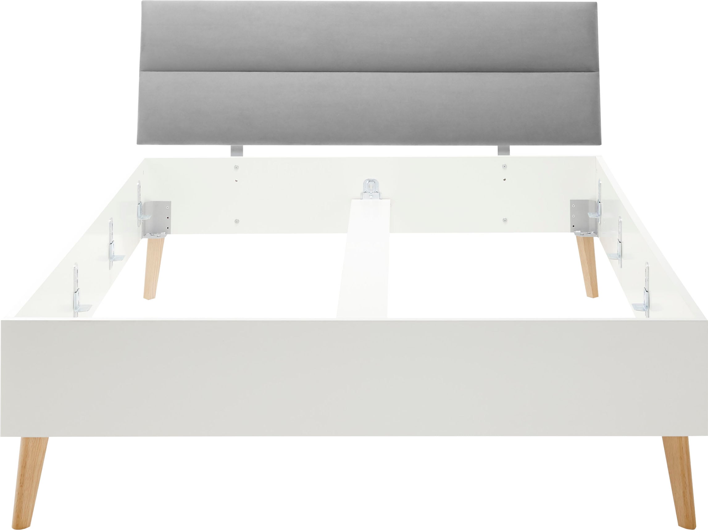 andas Einzelbett »MERLE Bett im skandinavischen Design, Bettgestell mit Massivholzfüssen«, Bettrahmen mit gepolstertem Kopfteil, Liegefläche 140 x 200cm