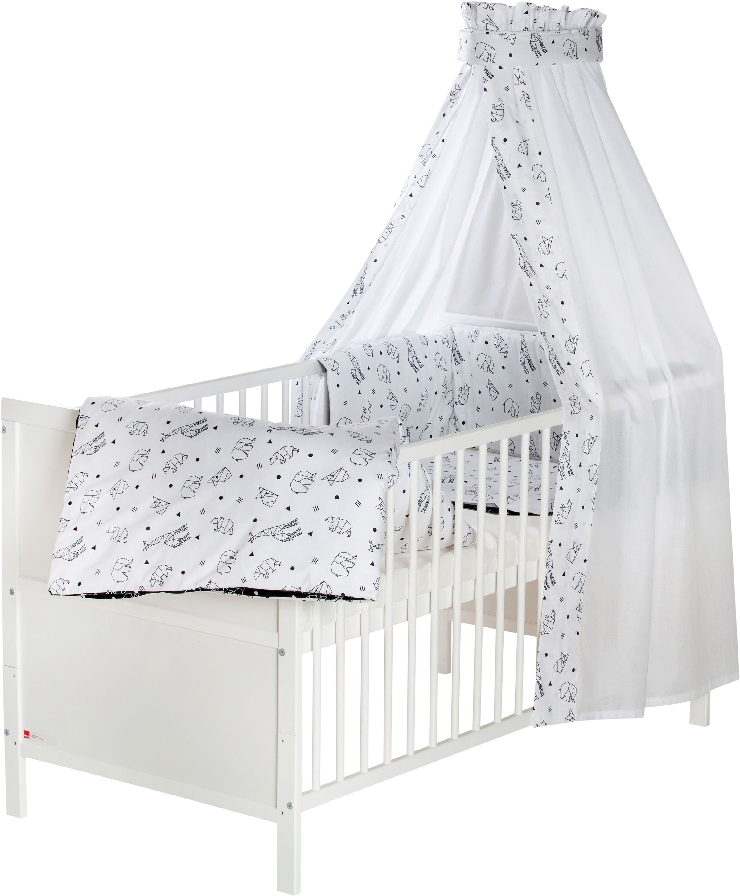 Image of Schardt Babybett »Lenny, Origami Black«, umbaubar zum Juniorbett, mit Bettwäsche, Nestchen, Himmel, Himmelstange und Matratze bei Ackermann Versand Schweiz