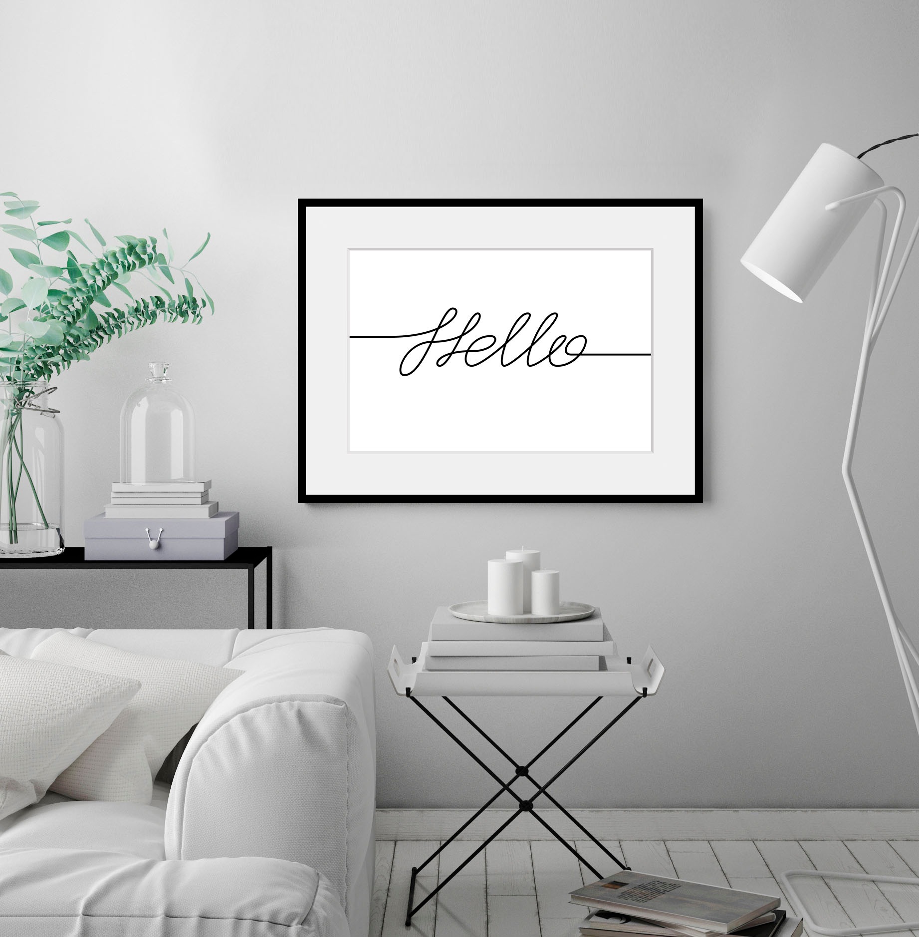 Image of queence Bild "Hello" Schriftzug Schriftzüge Schwarz-Weiss Sprüche & Texte 1 Stk. tlg. HD Premium Poster-Druck inkl. Holzrahmen
