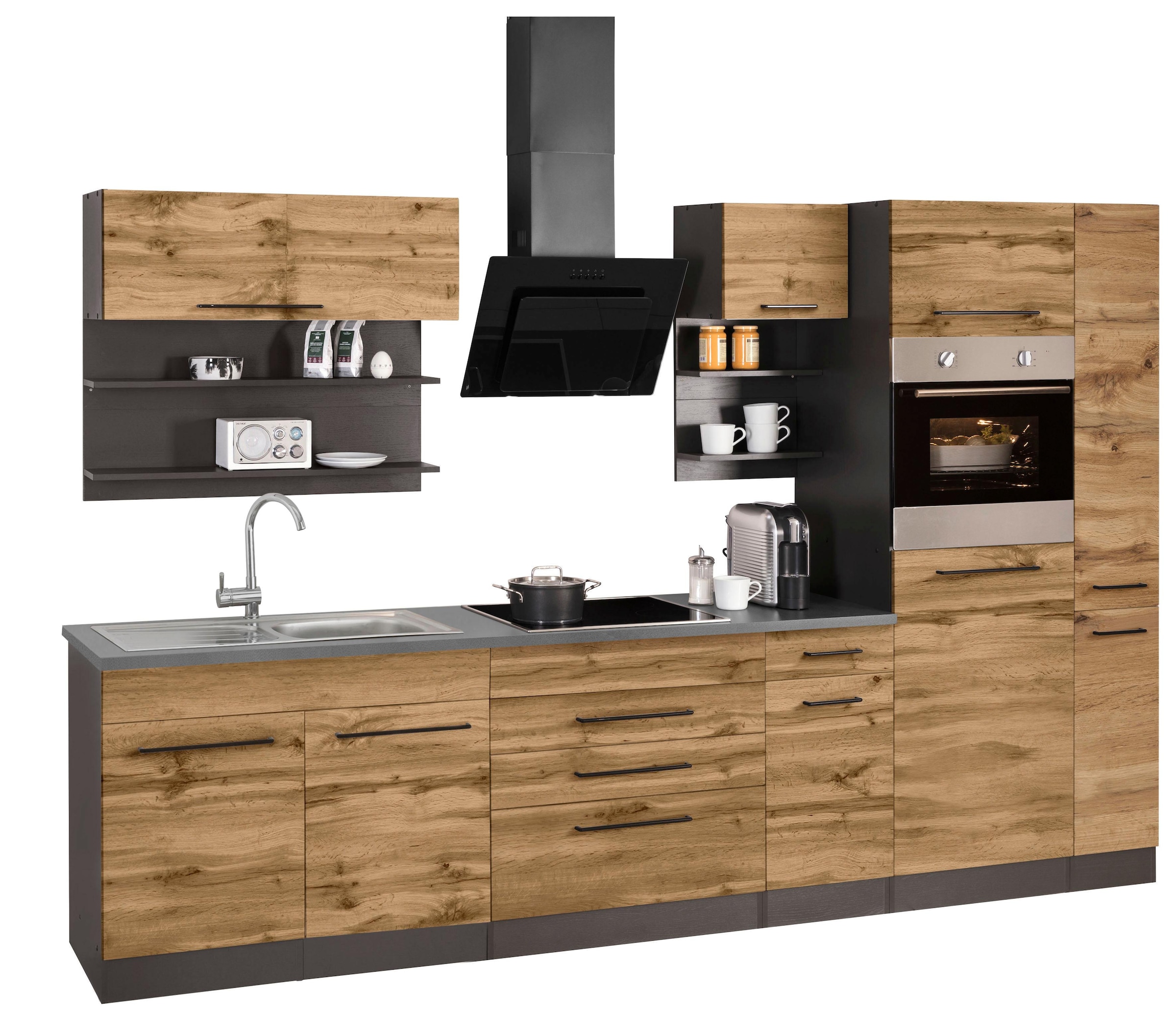 KOCHSTATION Küchenzeile »KS-Tulsa« ohne E-Geräte, Breite 320 cm, schwarze Metallgriffe, MDF Fronten