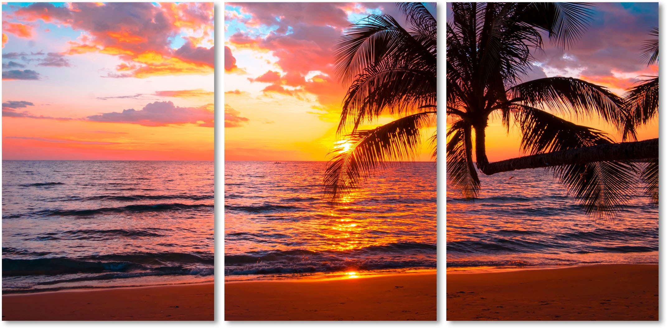 Image of queence Acrylglasbild "Paradise Beach 3-teilig" Kunst Meer Meer Bilder Palmen Sonnenaufgang & -untergang Spa Spa Bilder Strand 1 Stk. tlg. Fine Art-Print in Galeriequalität