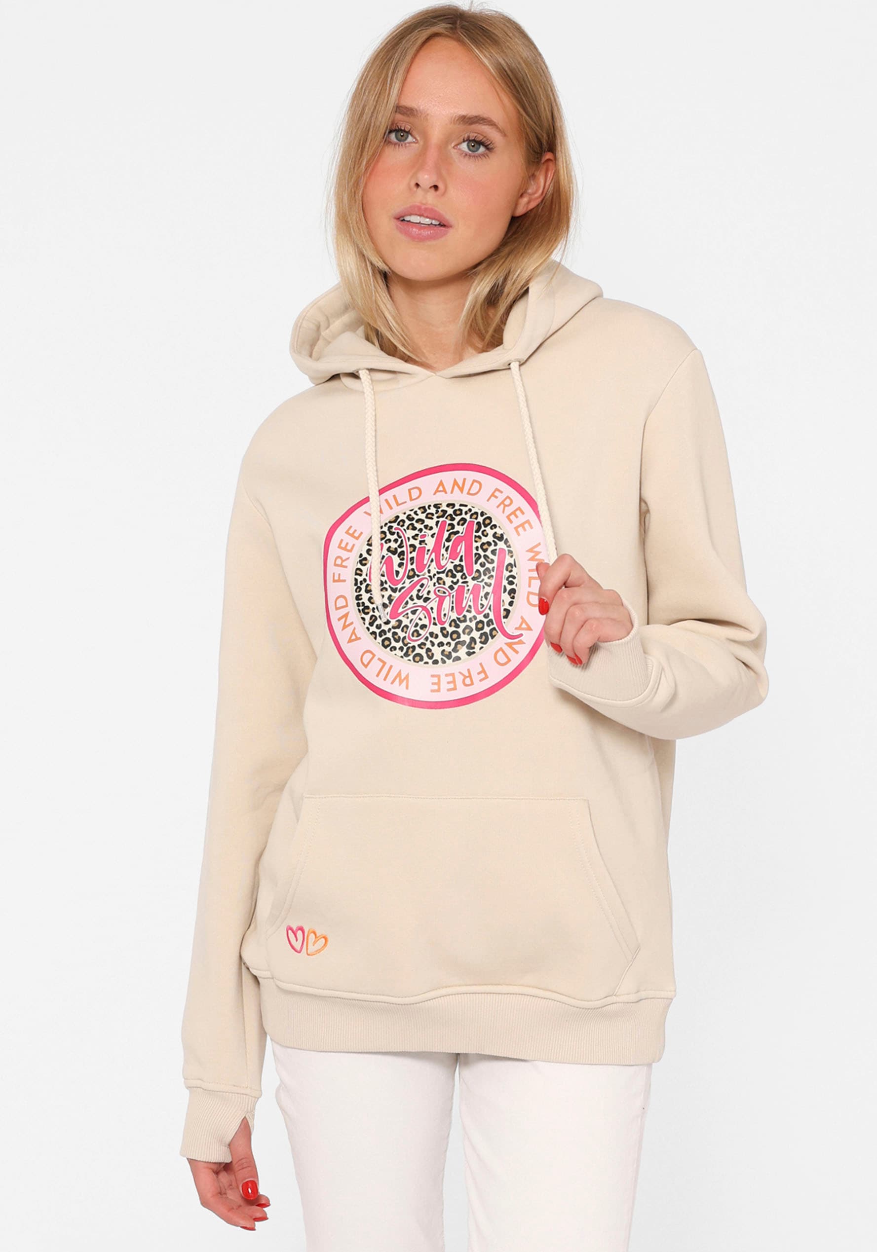 Zwillingsherz Hoodie, Animal-Print mit Glitzersteinen vorn